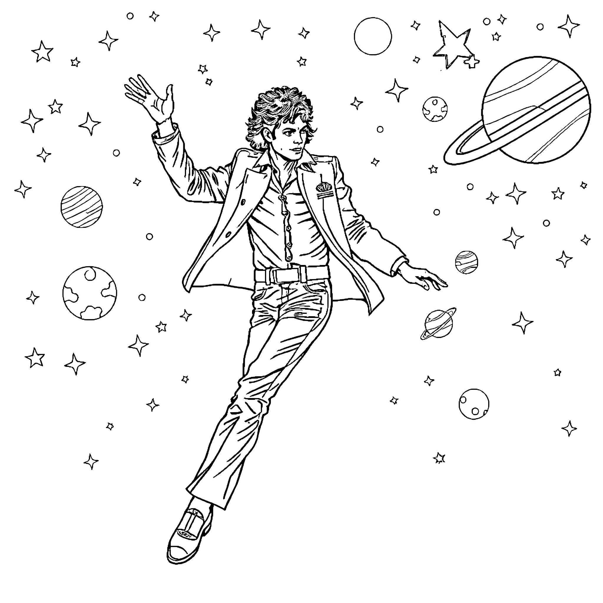 Michael Jackson's Cosmic Dance in the Starry Sky Coloring Page (free black-and-white line drawing printable PDF for all, from beginners to advanced learners, including children, teens, adults, and seniors)