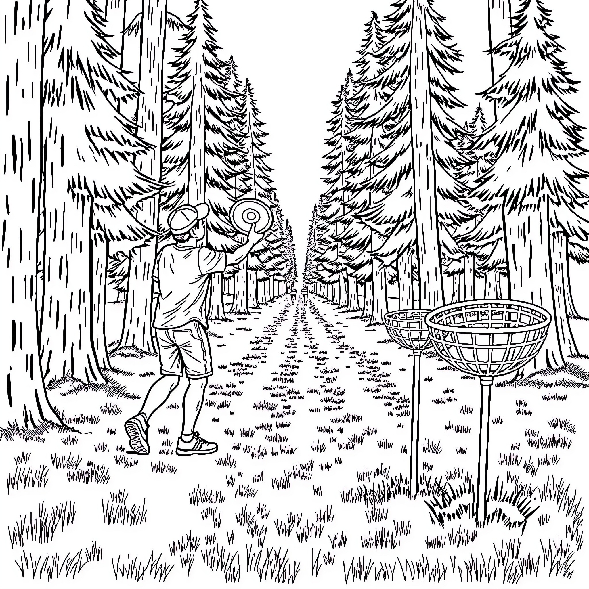 Disc Golf Player Enjoying Nature's Serenity Coloring Page (free black-and-white line drawing printable PDF for all, from beginners to advanced learners, including children, teens, adults, and seniors)