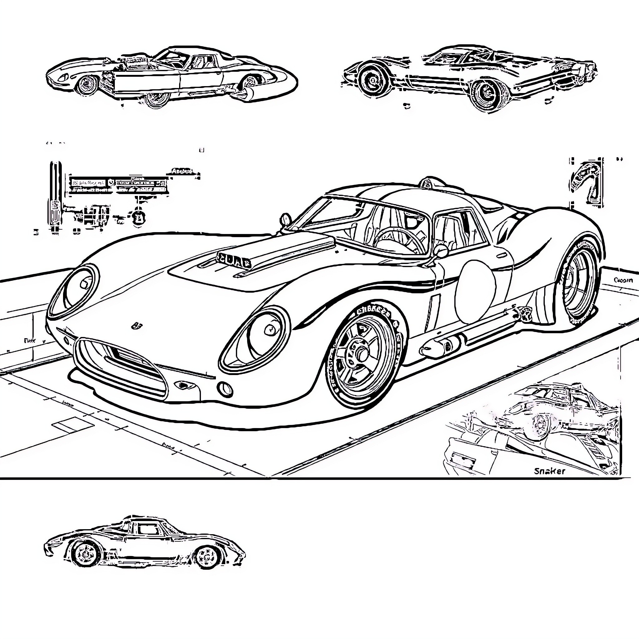Car designs and schematics of vintage racing vehicles Coloring Page (free black-and-white line drawing printable PDF for all, from beginners to advanced learners, including children, teens, adults, and seniors)