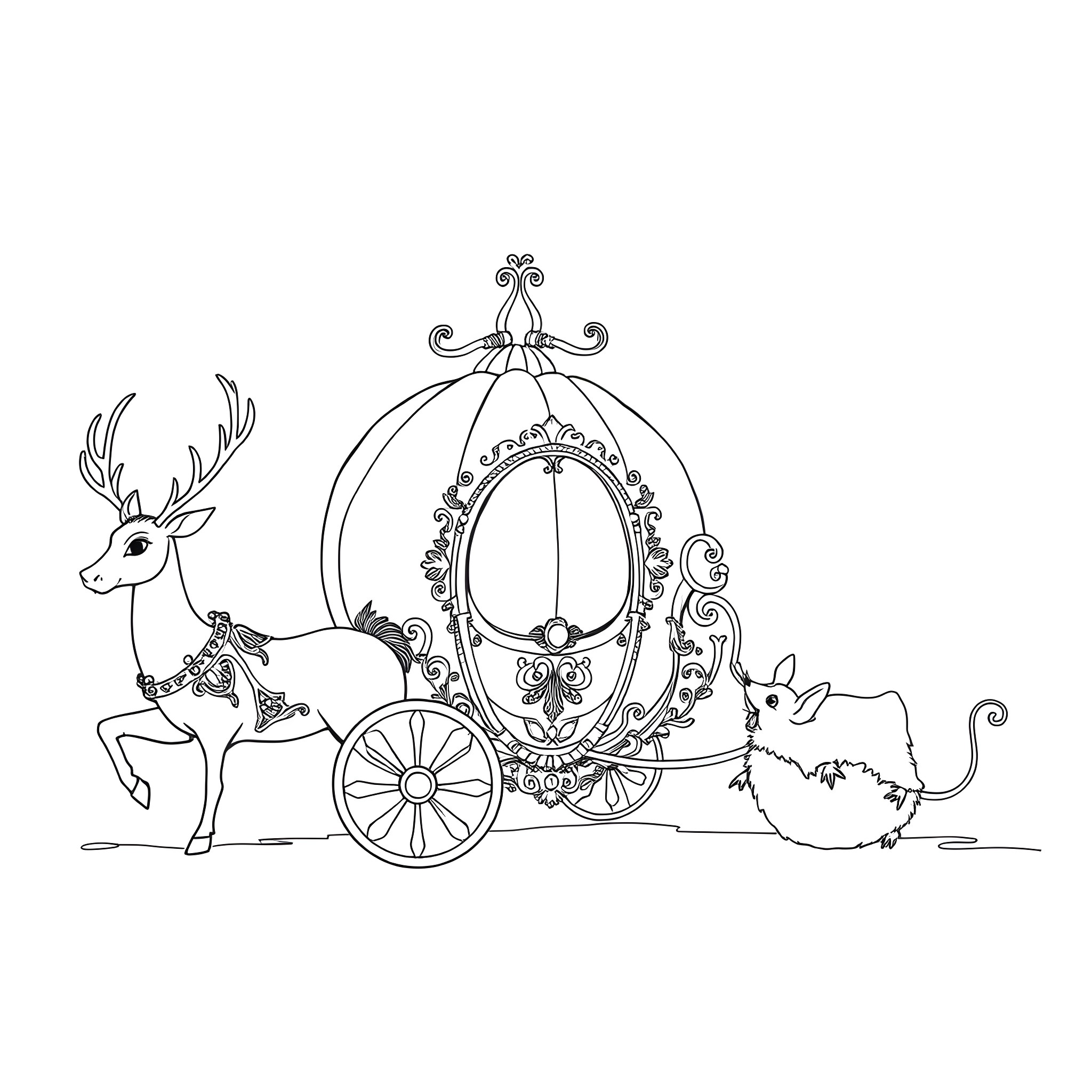 Pumpkin carriage with deer and cat companions Coloring Page (free black-and-white line drawing printable PDF for all, from beginners to advanced learners, including children, teens, adults, and seniors)