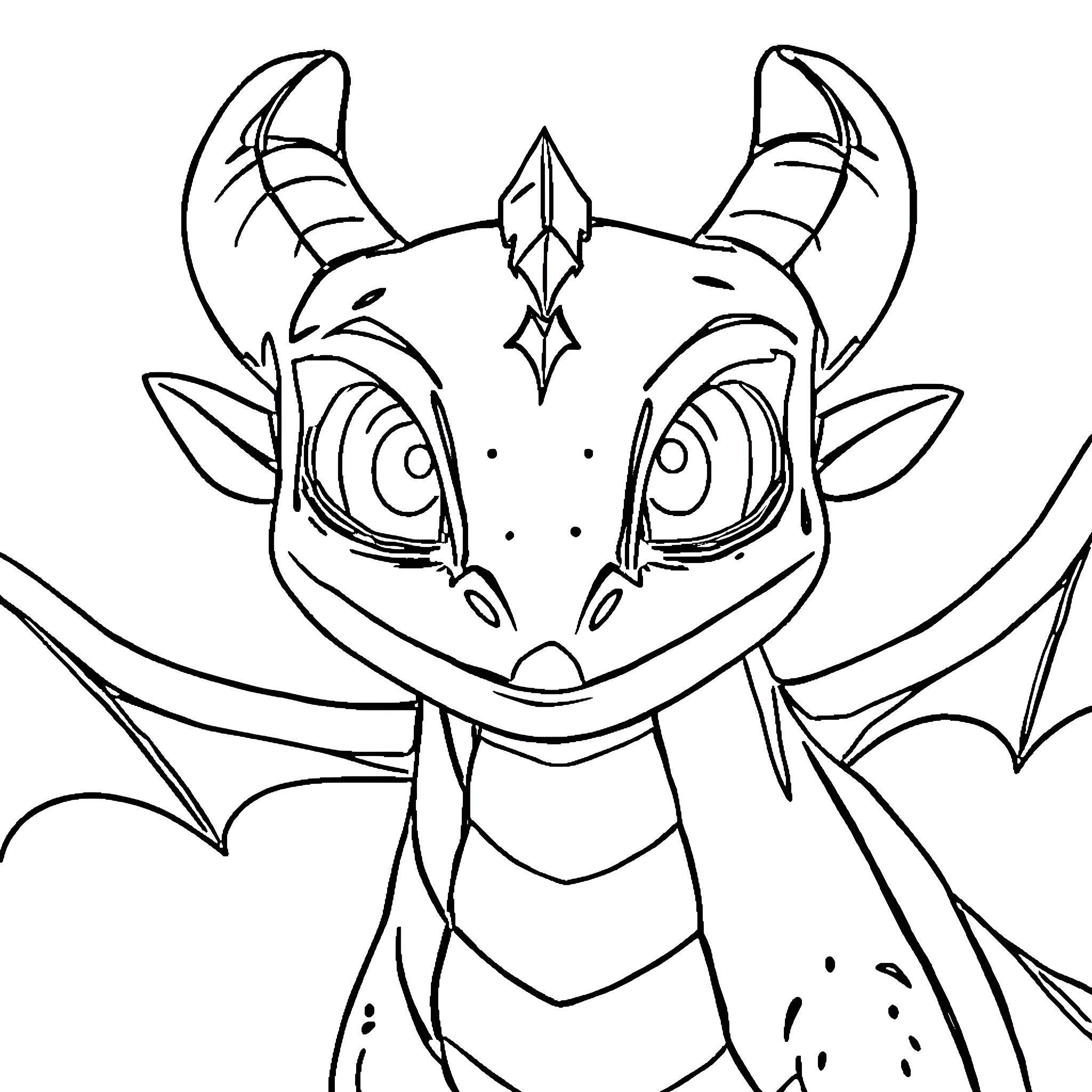Toothless the Night Fury's curious expression Coloring Page (free black-and-white line drawing printable PDF for all, from beginners to advanced learners, including children, teens, adults, and seniors)