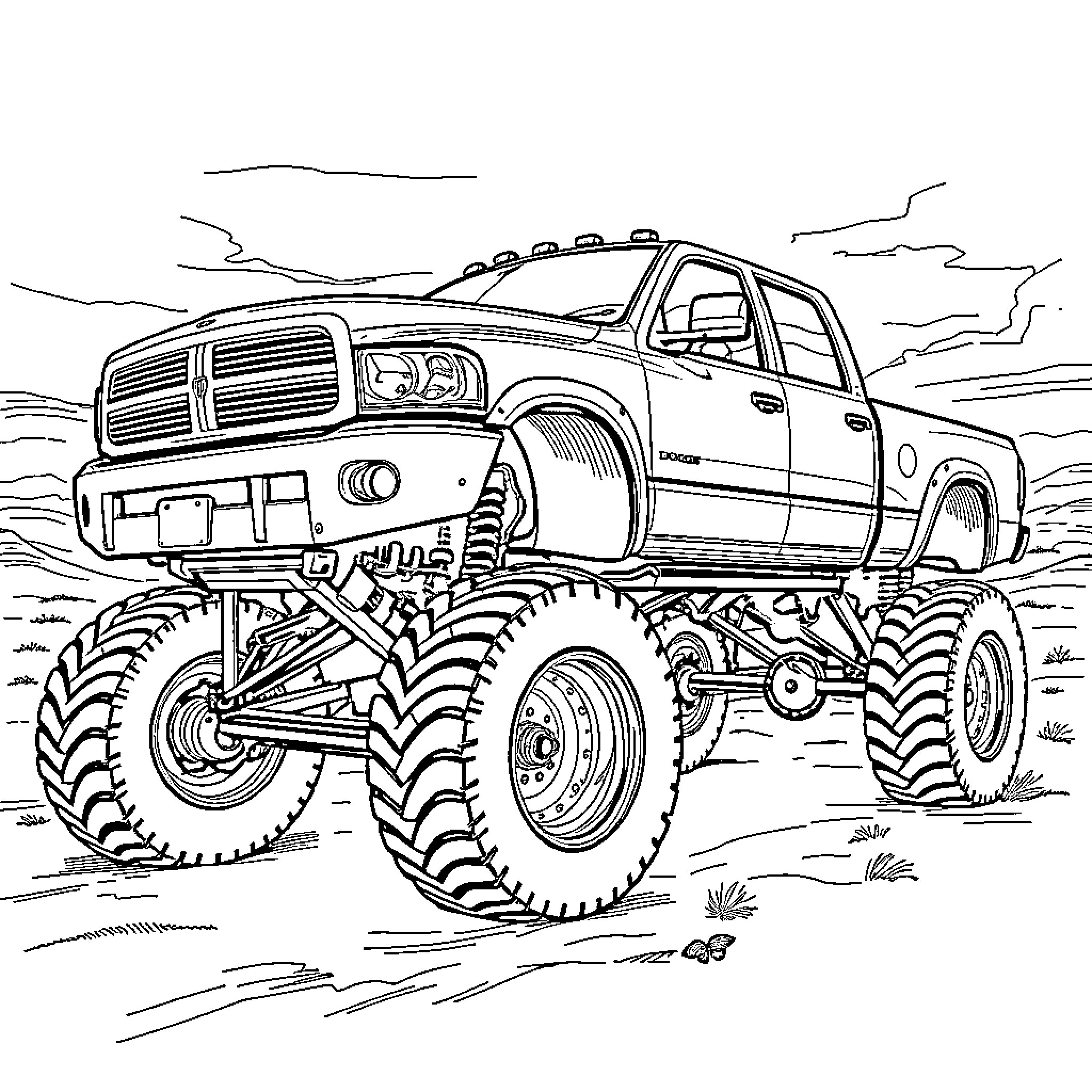 Dodge Truck Tackling Rugged Terrain Coloring Page (free black-and-white line drawing printable PDF for all, from beginners to advanced learners, including children, teens, adults, and seniors)