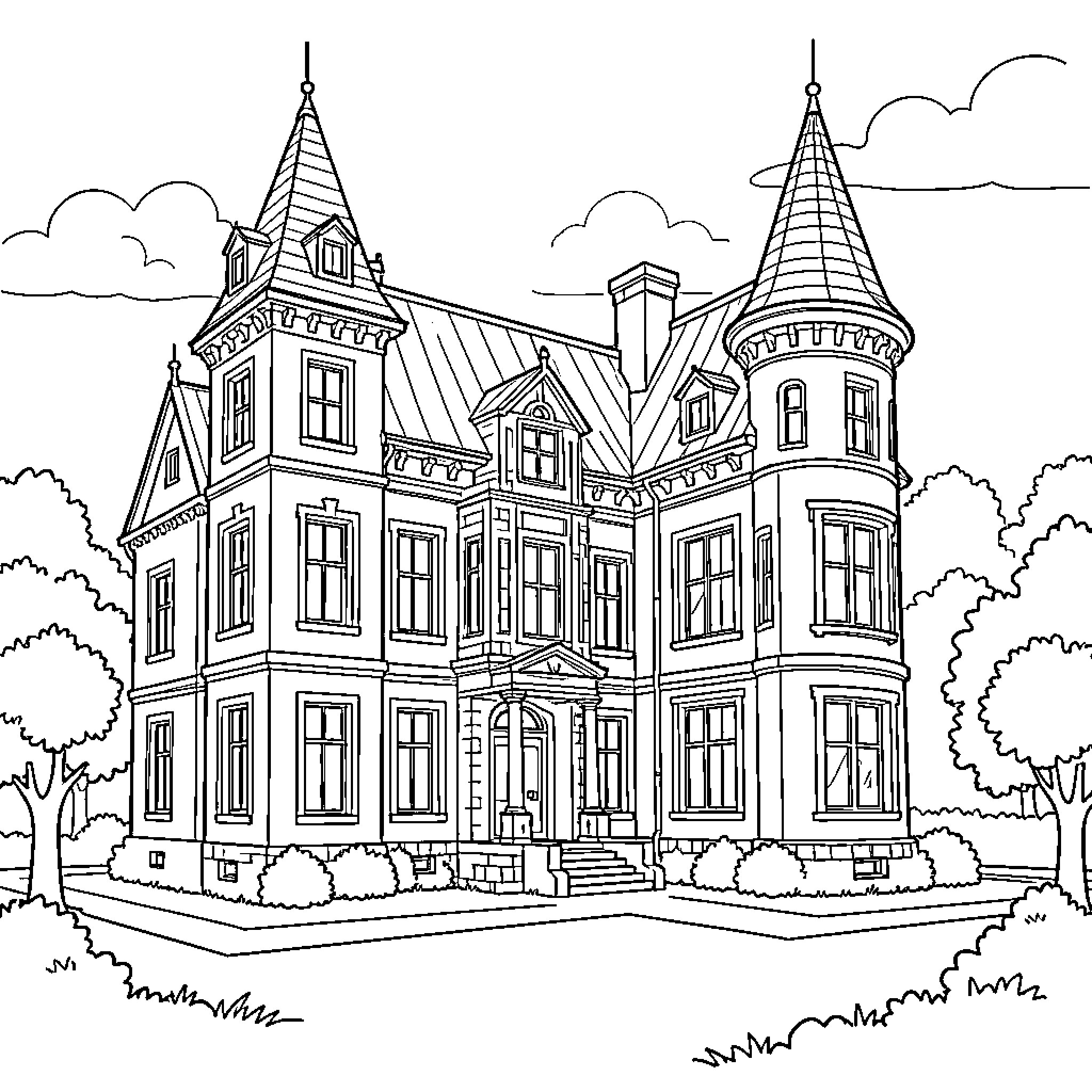 Mansion standing majestically amidst lush trees and clouds Coloring Page (free black-and-white line drawing printable PDF for all, from beginners to advanced learners, including children, teens, adults, and seniors)