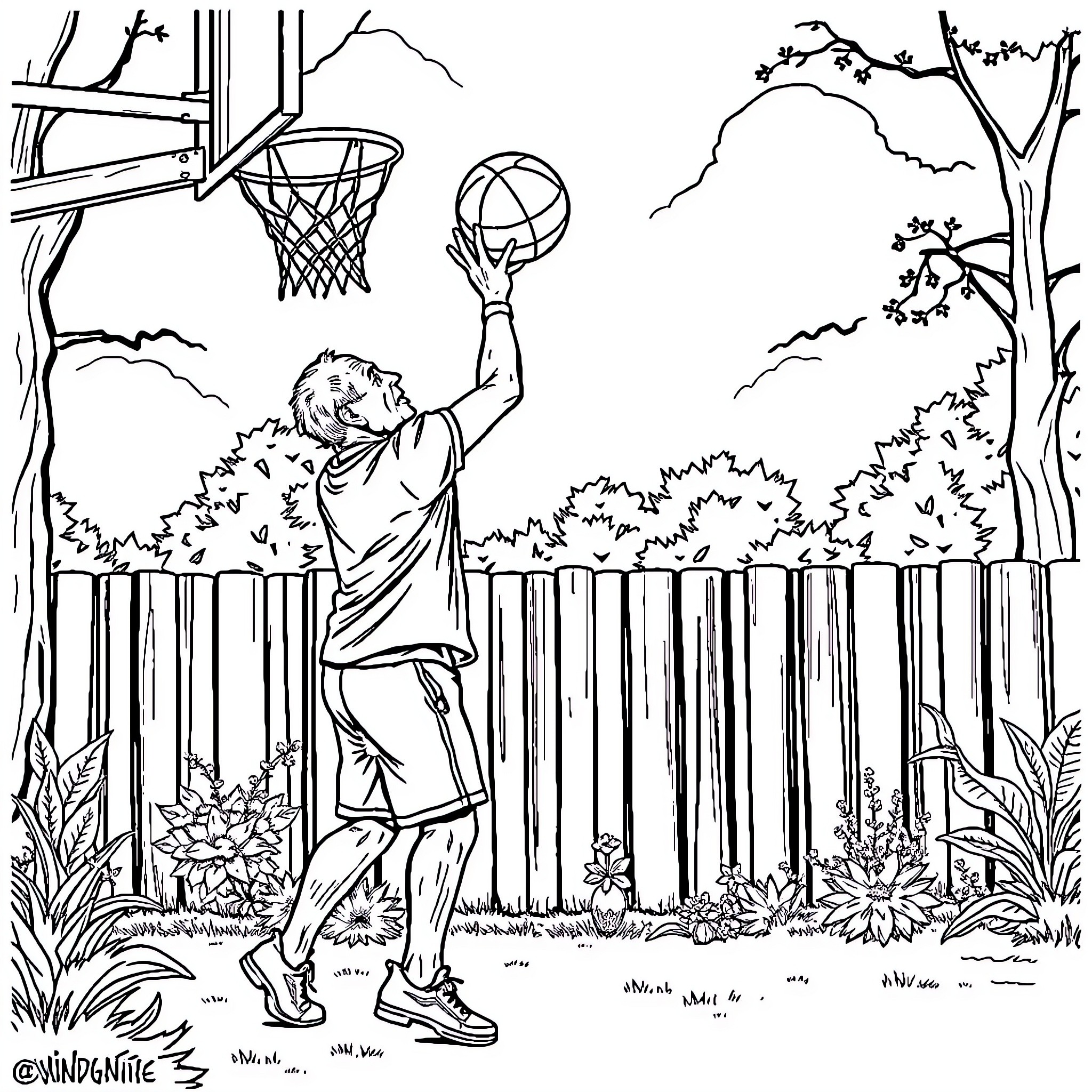 Man playing basketball outdoors in a natural setting Coloring Page (free black-and-white line drawing printable PDF for all, from beginners to advanced learners, including children, teens, adults, and seniors)