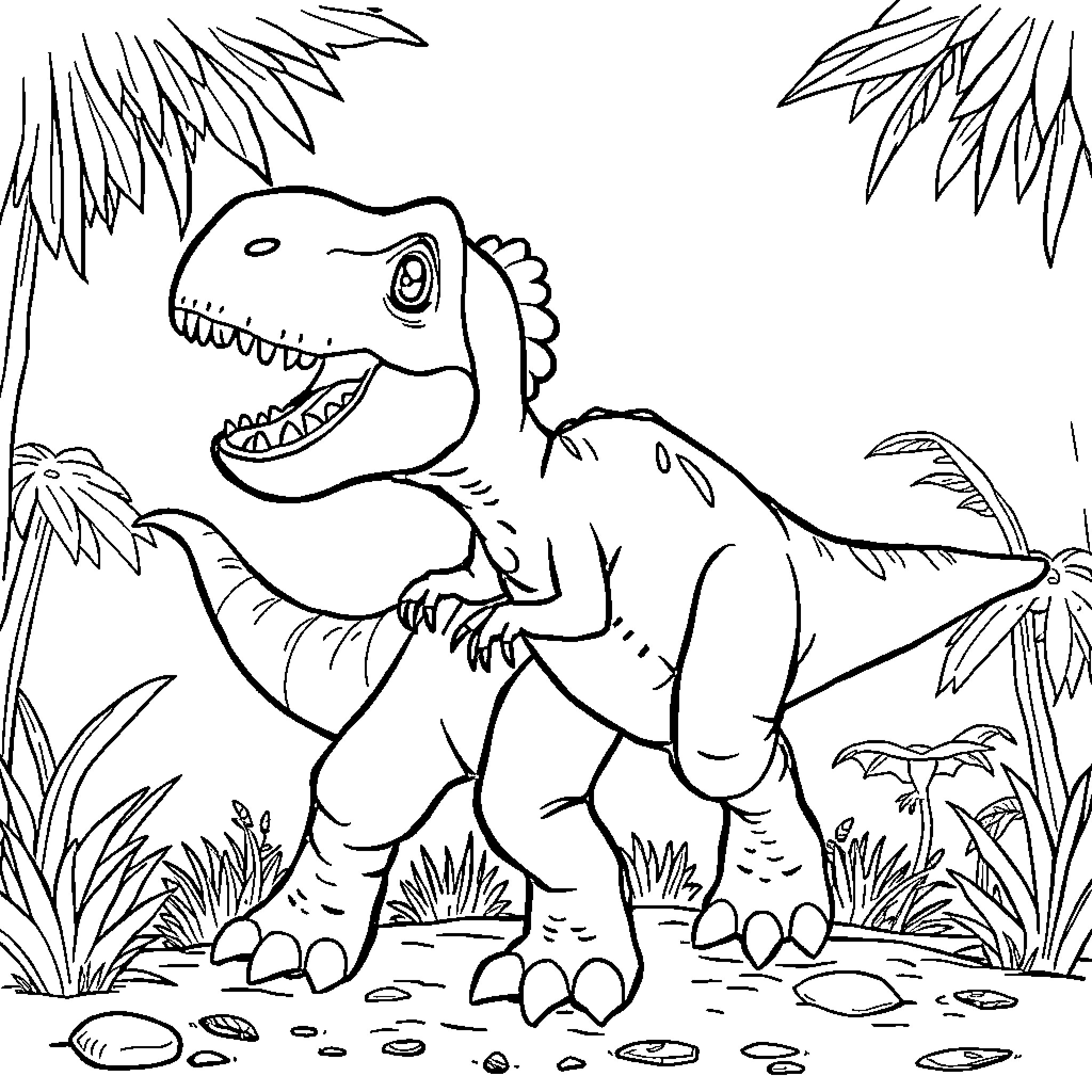 Dinosaur roaming through prehistoric landscape Coloring Page (free black-and-white line drawing printable PDF for all, from beginners to advanced learners, including children, teens, adults, and seniors)