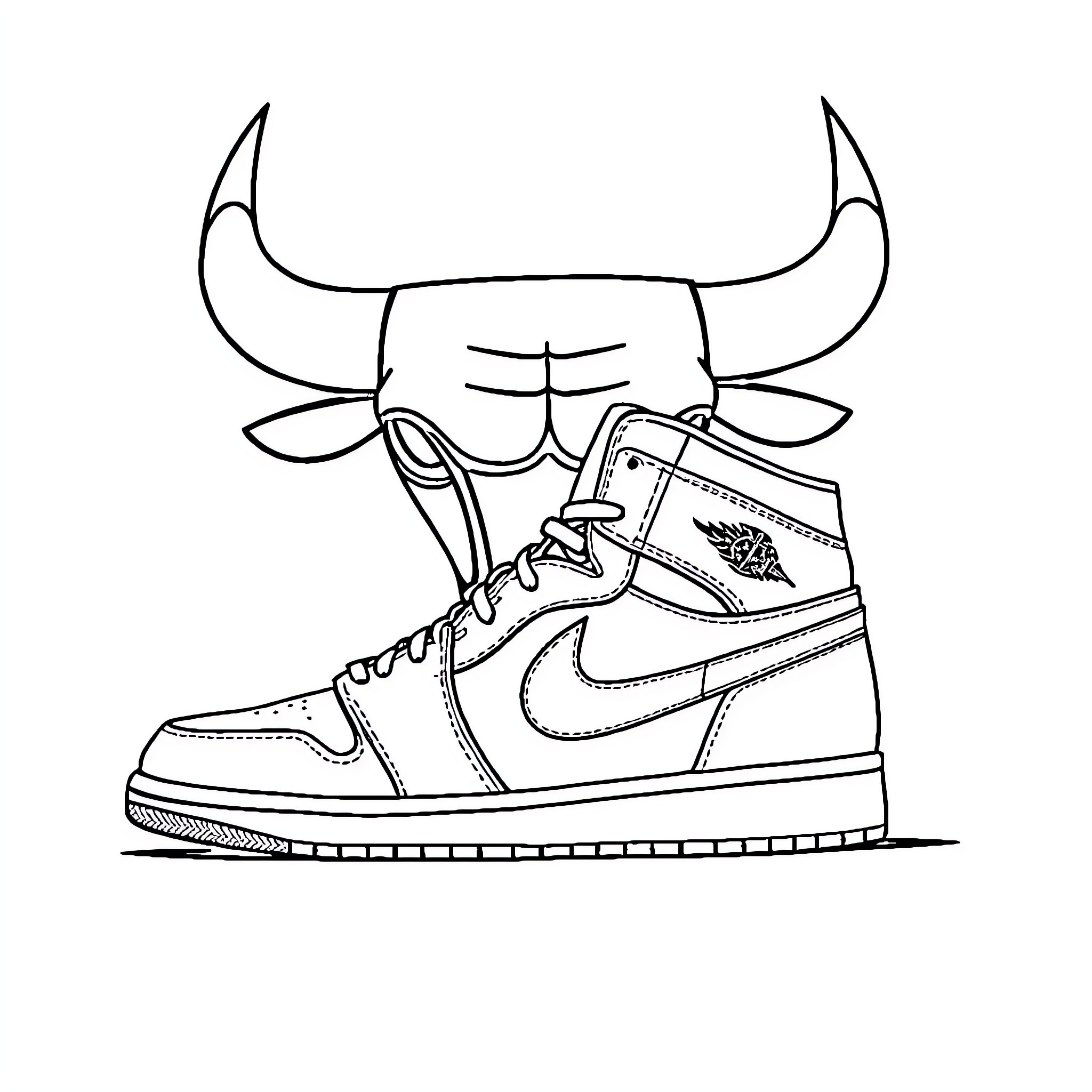 Sneaker featuring horned design and athletic shoe Coloring Page (free black-and-white line drawing printable PDF for all, from beginners to advanced learners, including children, teens, adults, and seniors)