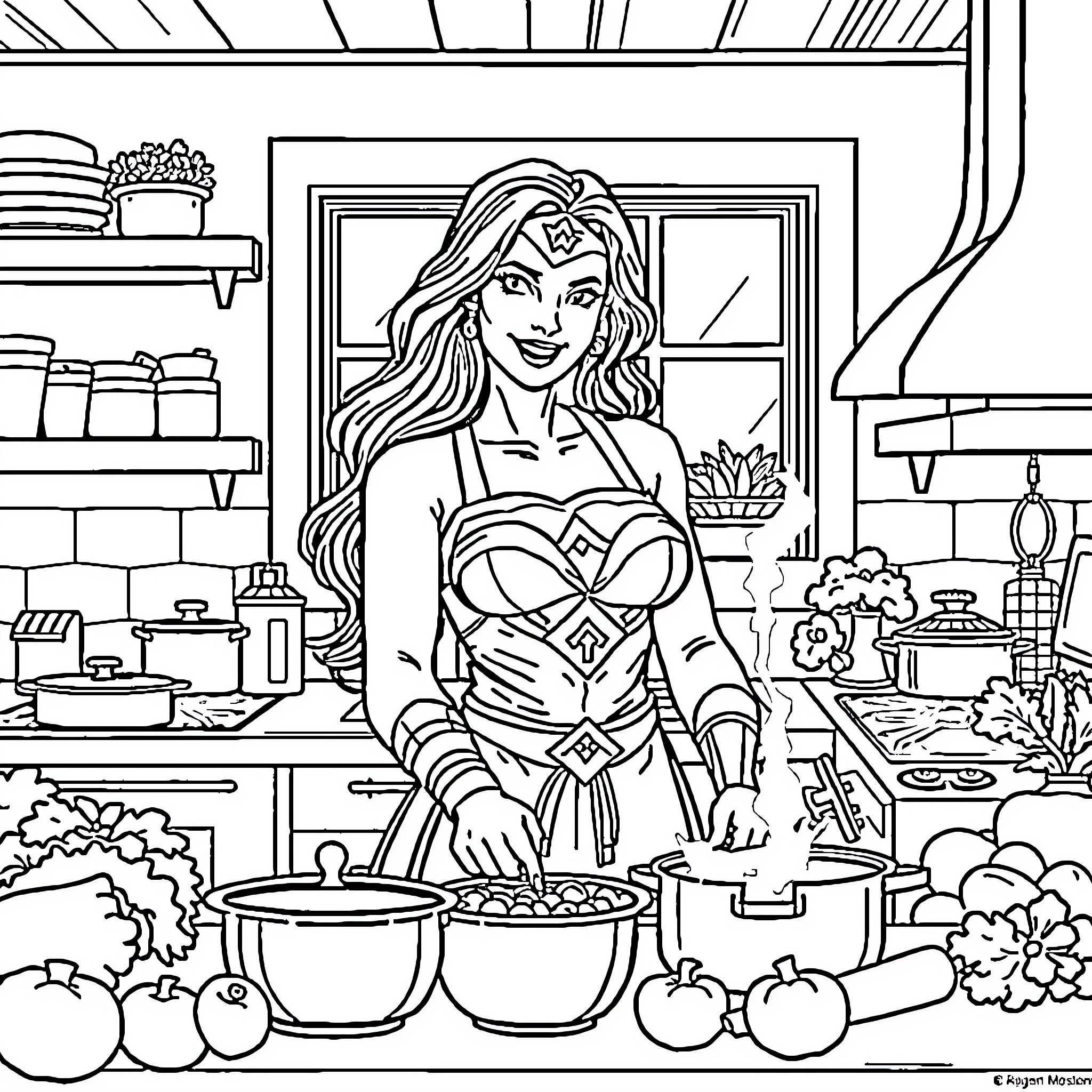 Wonder Woman cooking in the kitchen with various kitchen items Coloring Page (free black-and-white line drawing printable PDF for all, from beginners to advanced learners, including children, teens, adults, and seniors)