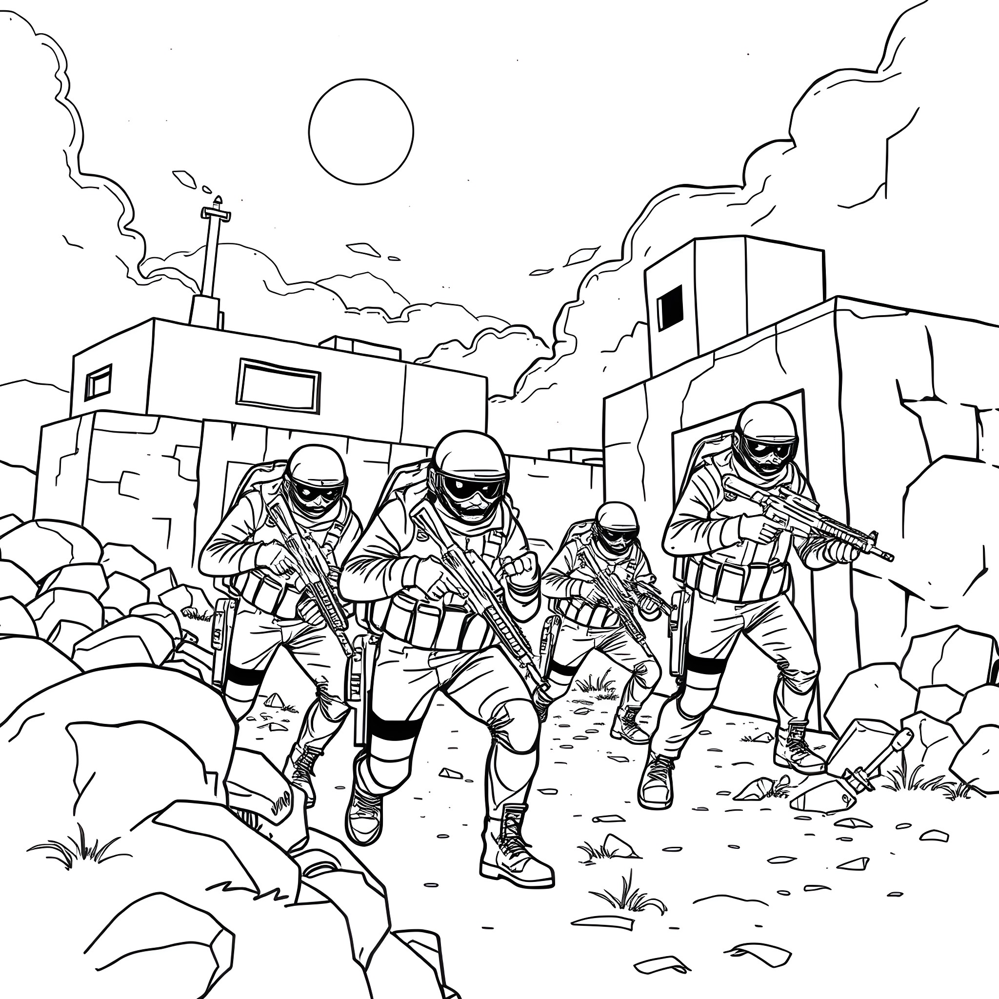 Seal team in action during military operation Coloring Page (free black-and-white line drawing printable PDF for all, from beginners to advanced learners, including children, teens, adults, and seniors)