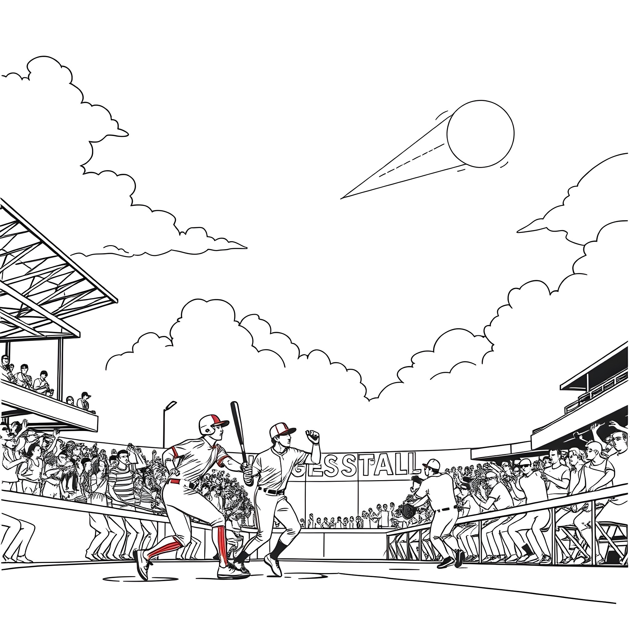 Baseball players in action on the field Coloring Page (free black-and-white line drawing printable PDF for all, from beginners to advanced learners, including children, teens, adults, and seniors)