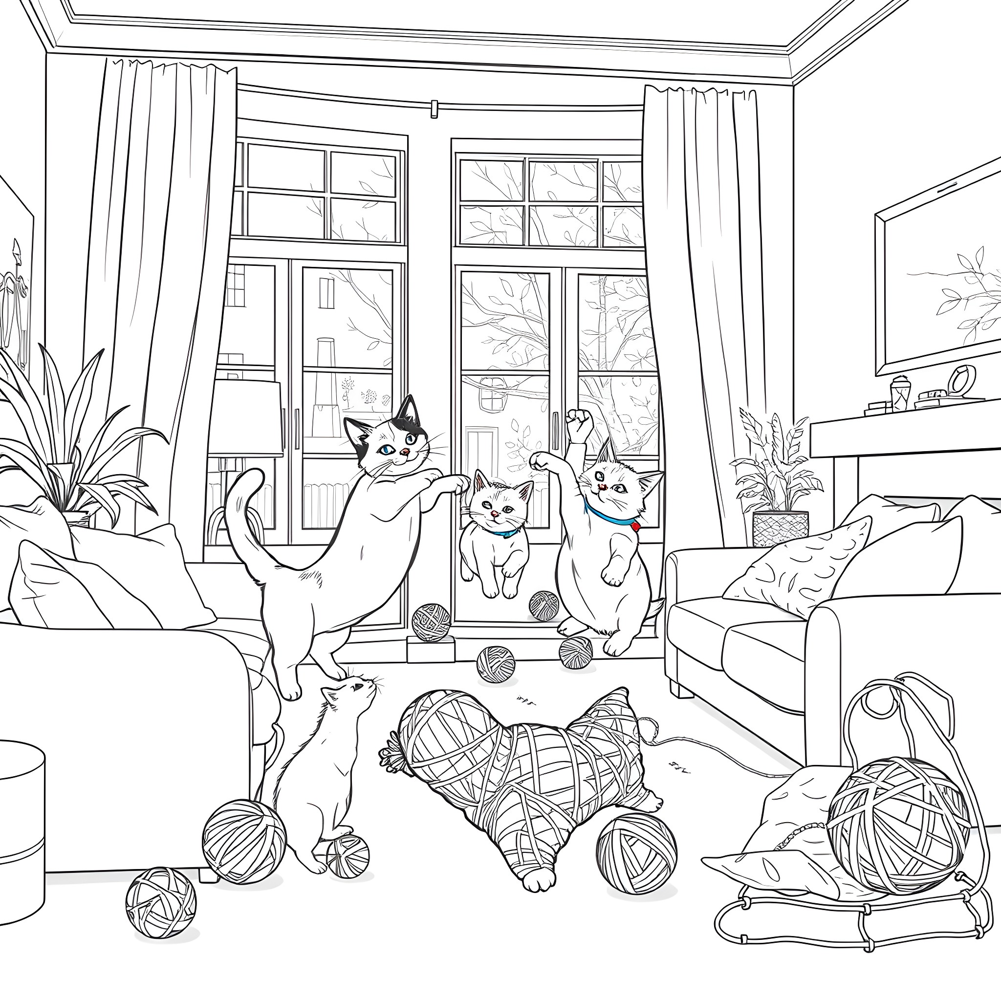 Cats playing with yarn in cozy living room Coloring Page (free black-and-white line drawing printable PDF for all, from beginners to advanced learners, including children, teens, adults, and seniors)