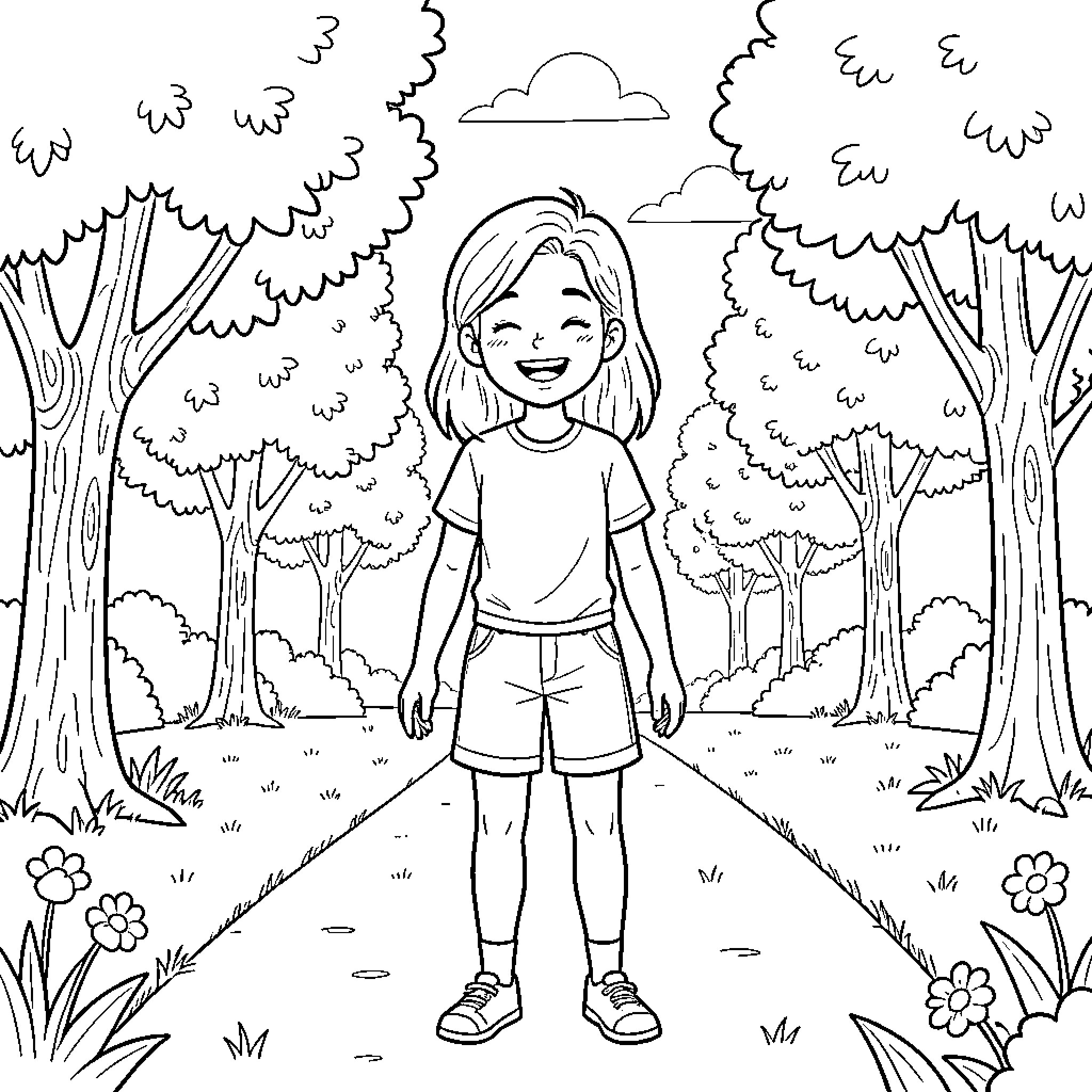Romy smiling happily while walking on a forest path Coloring Page (free black-and-white line drawing printable PDF for all, from beginners to advanced learners, including children, teens, adults, and seniors)