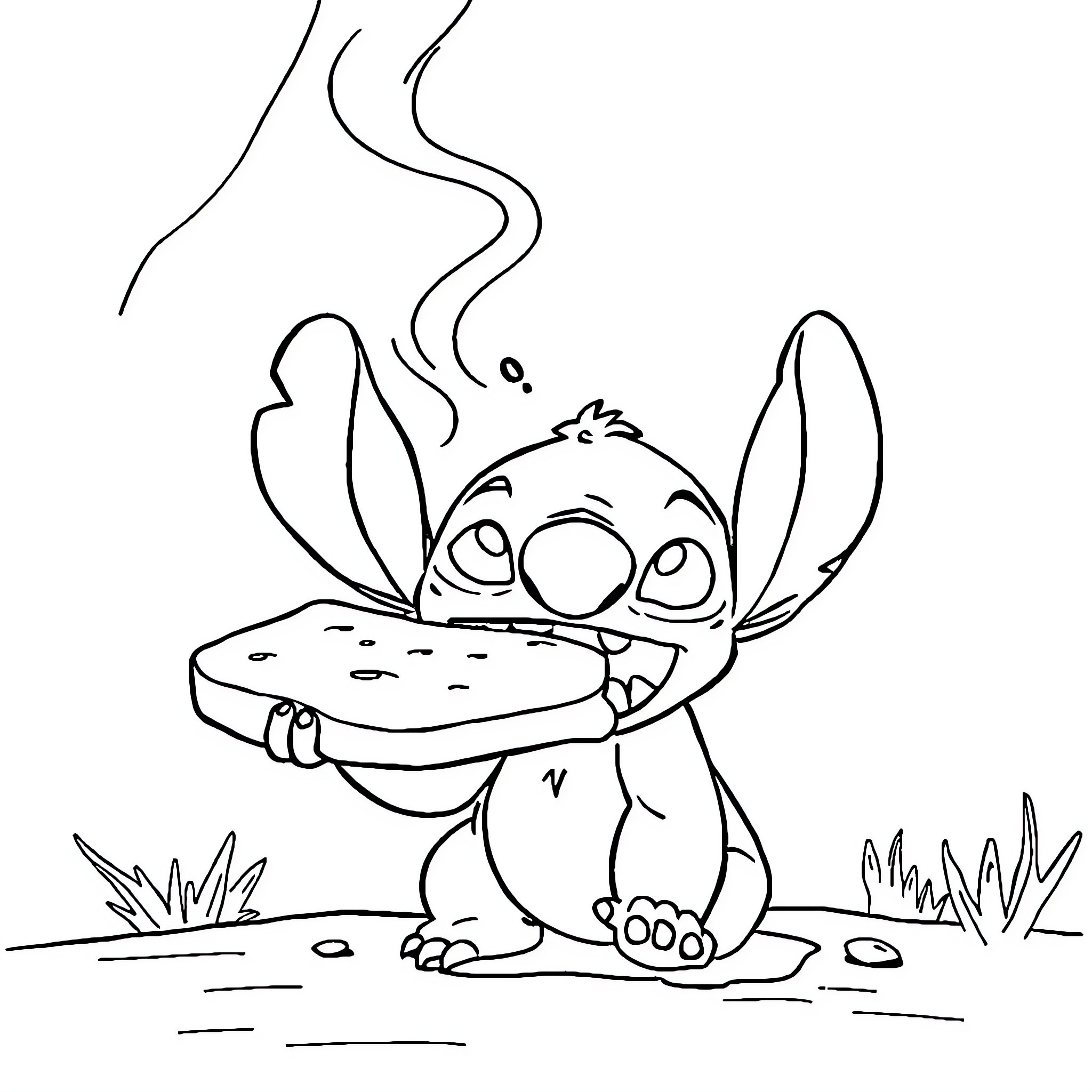 Stitch enjoying a tasty meal in the wilderness Coloring Page (free black-and-white line drawing printable PDF for all, from beginners to advanced learners, including children, teens, adults, and seniors)