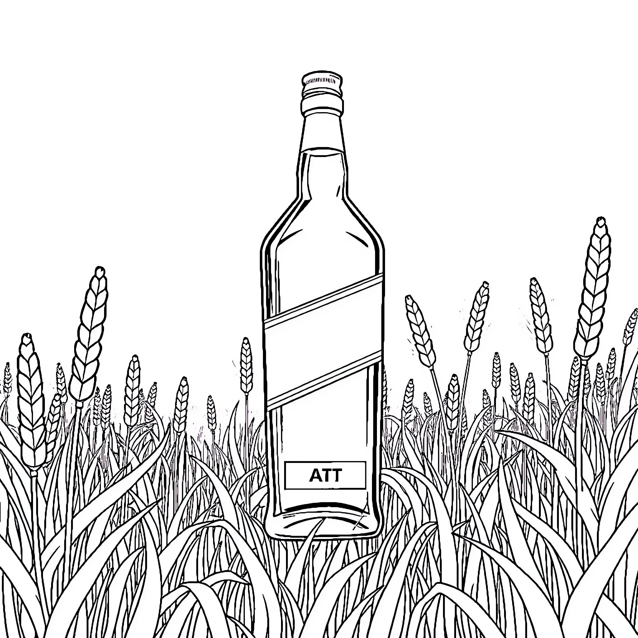 Whisky Bottle surrounded by wheat fields Coloring Page (free black-and-white line drawing printable PDF for all, from beginners to advanced learners, including children, teens, adults, and seniors)