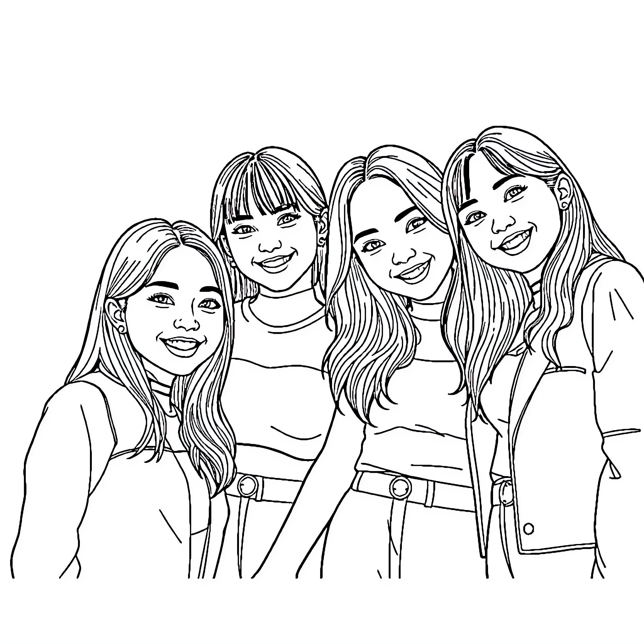 Blackpink members posing together cheerfully Coloring Page (free black-and-white line drawing printable PDF for all, from beginners to advanced learners, including children, teens, adults, and seniors)