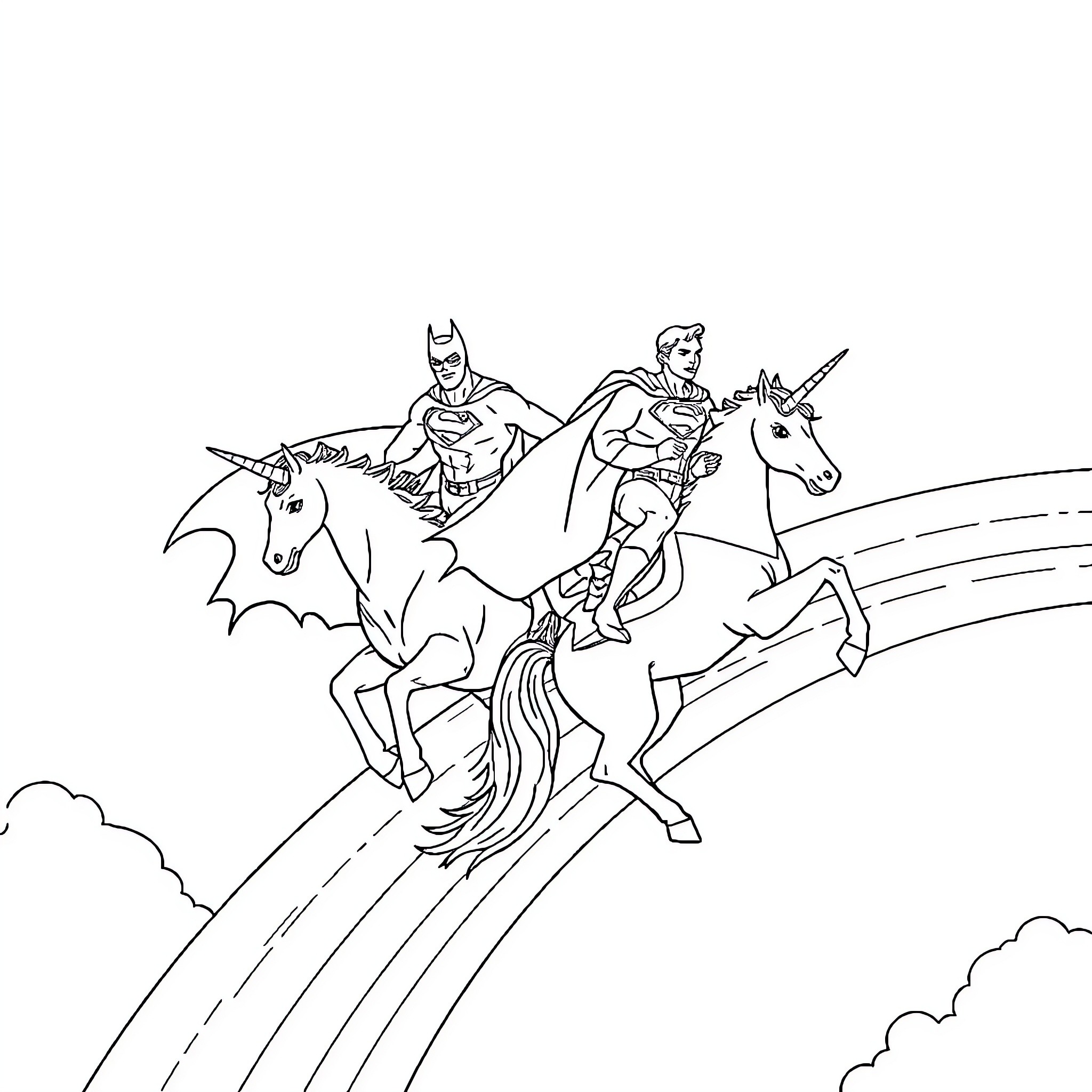 Unicorn heroes riding fantastical creatures Coloring Page (free black-and-white line drawing printable PDF for all, from beginners to advanced learners, including children, teens, adults, and seniors)