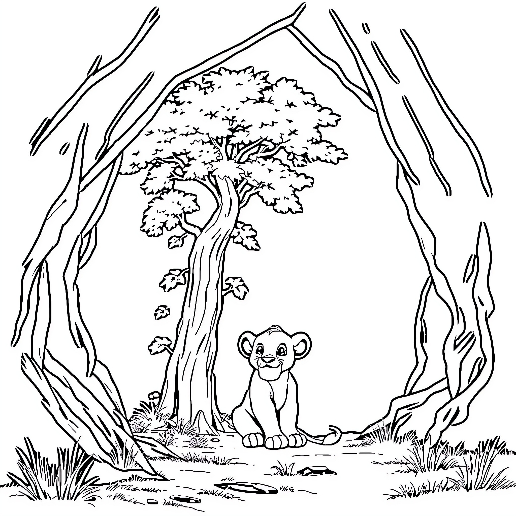 Simba explores the enchanting forest Coloring Page (free black-and-white line drawing printable PDF for all, from beginners to advanced learners, including children, teens, adults, and seniors)