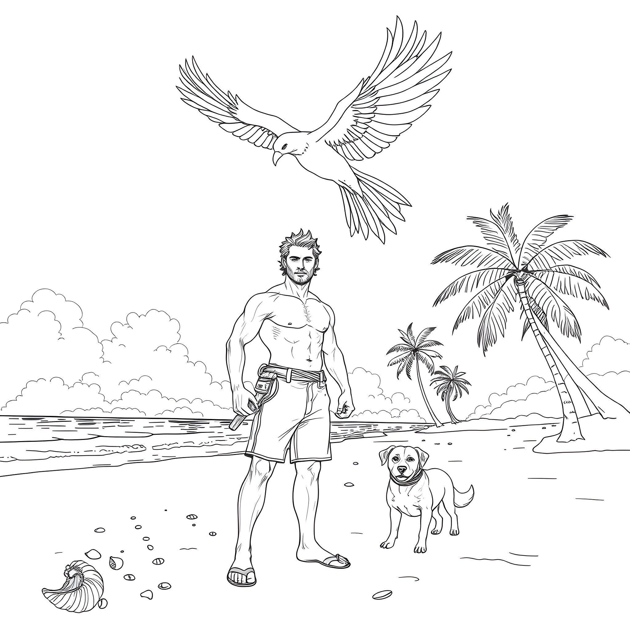 Man walking dog on tropical beach with bird Coloring Page (free black-and-white line drawing printable PDF for all, from beginners to advanced learners, including children, teens, adults, and seniors)