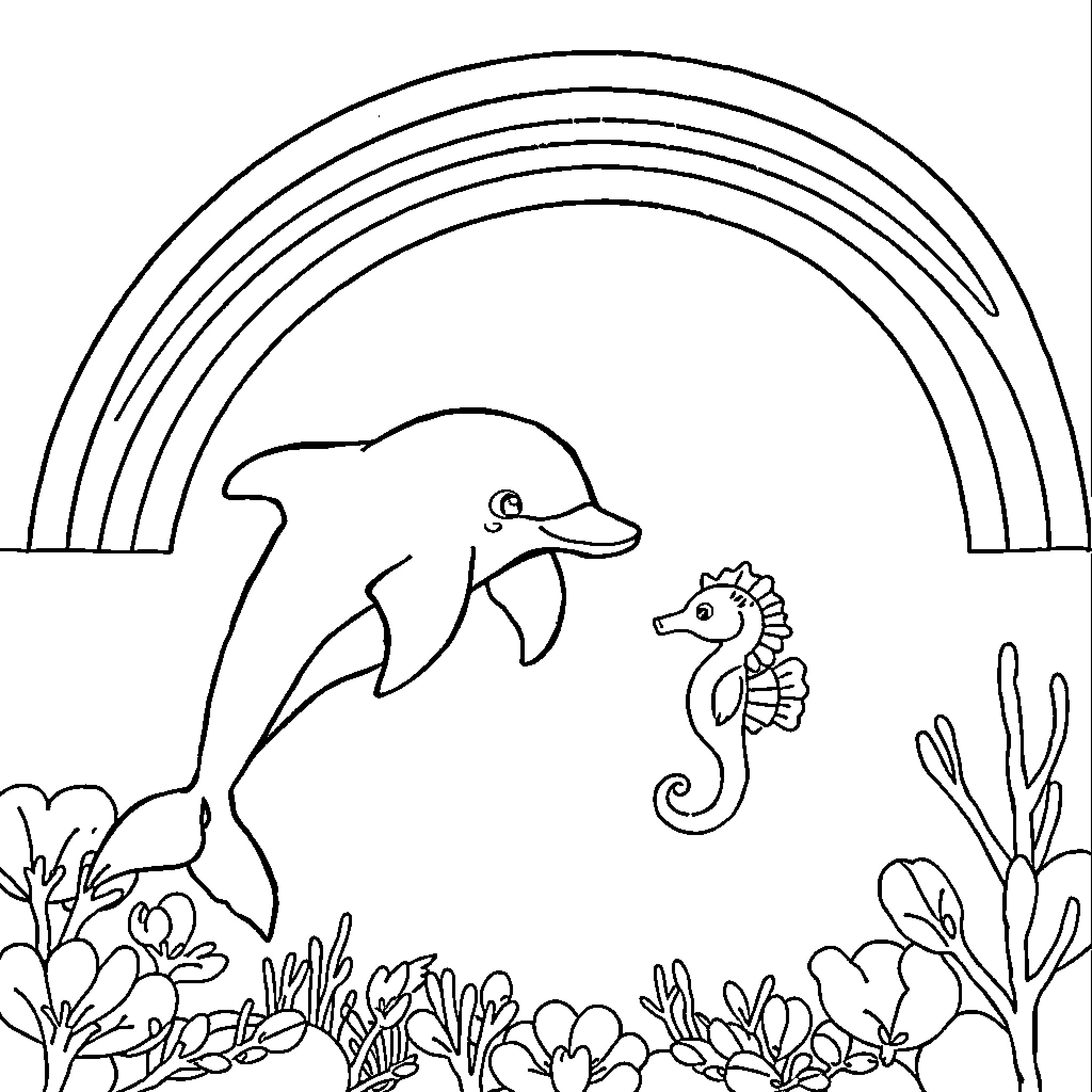 Dolphin playing with seahorse in underwater garden Coloring Page (free black-and-white line drawing printable PDF for all, from beginners to advanced learners, including children, teens, adults, and seniors)