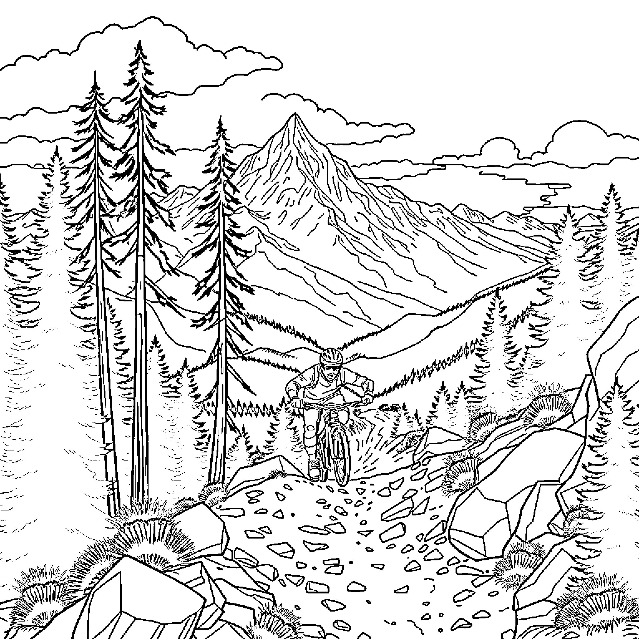 Mountain Biker Navigating Rugged Terrain in Scenic Wilderness Coloring Page (free black-and-white line drawing printable PDF for all, from beginners to advanced learners, including children, teens, adults, and seniors)