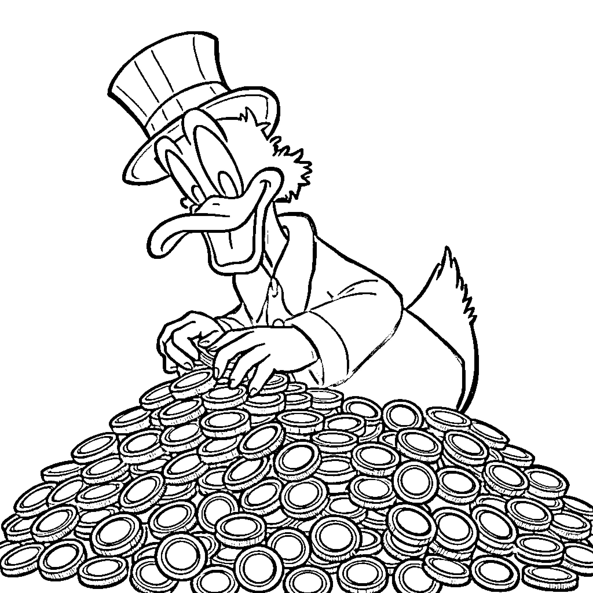 Uncle Scrooge counting his vast wealth Coloring Page (free black-and-white line drawing printable PDF for all, from beginners to advanced learners, including children, teens, adults, and seniors)