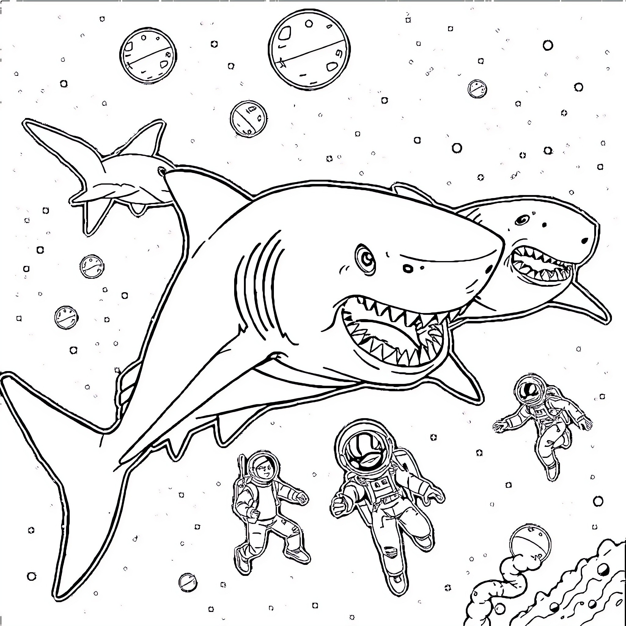 Shark chasing astronauts in outer space Coloring Page (free black-and-white line drawing printable PDF for all, from beginners to advanced learners, including children, teens, adults, and seniors)