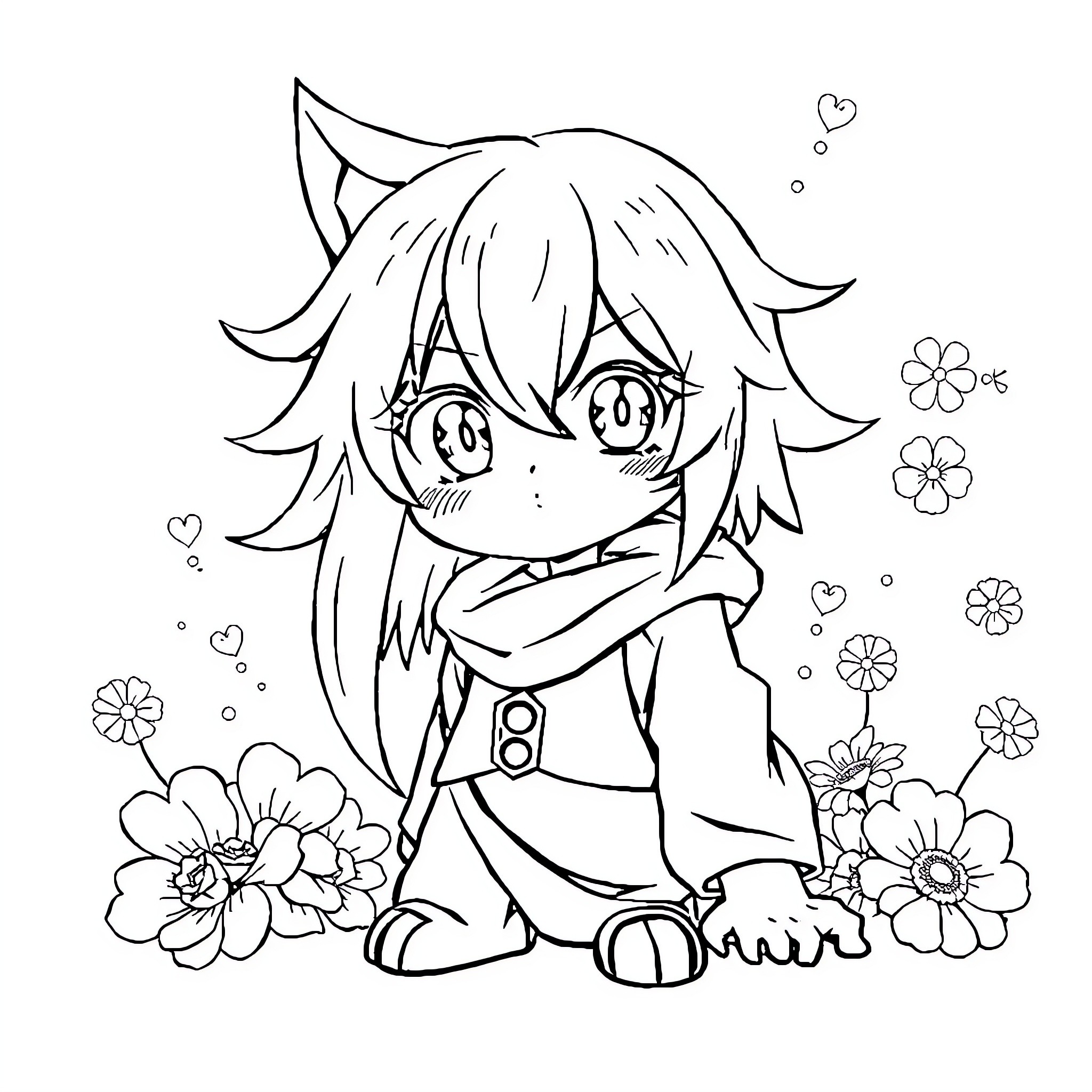 Anime Character with Floral Surroundings Coloring Page (free black-and-white line drawing printable PDF for all, from beginners to advanced learners, including children, teens, adults, and seniors)