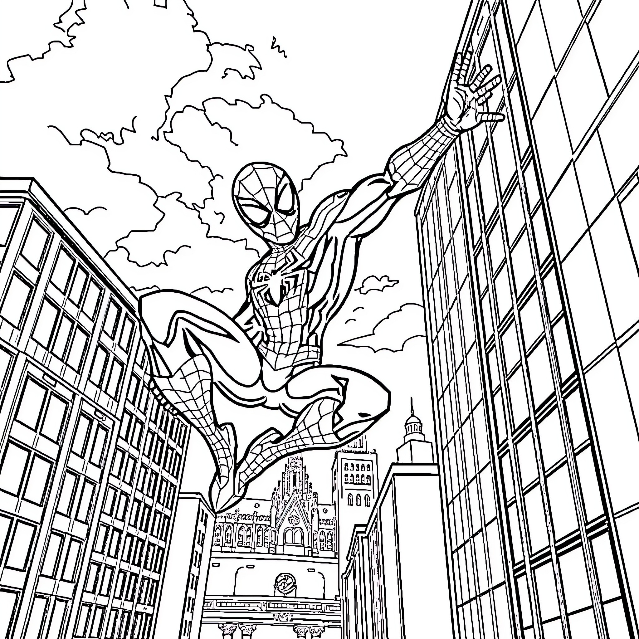 Spider-Man swinging through a dynamic cityscape Coloring Page (free black-and-white line drawing printable PDF for all, from beginners to advanced learners, including children, teens, adults, and seniors)