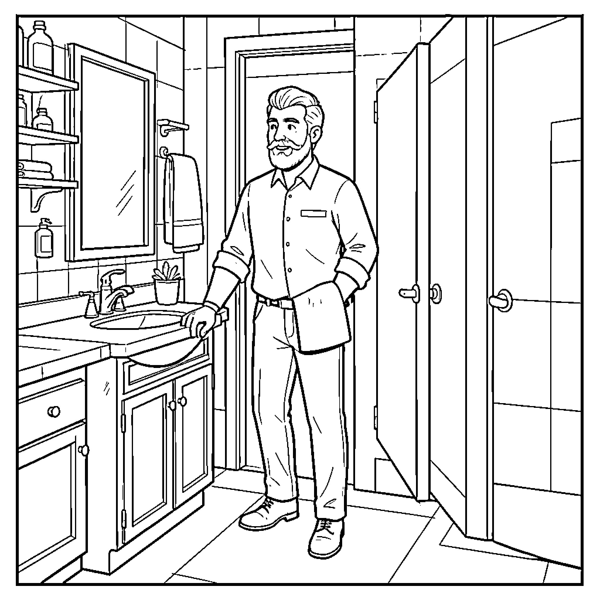 Barman standing in a bathroom near the sink Coloring Page (free black-and-white line drawing printable PDF for all, from beginners to advanced learners, including children, teens, adults, and seniors)