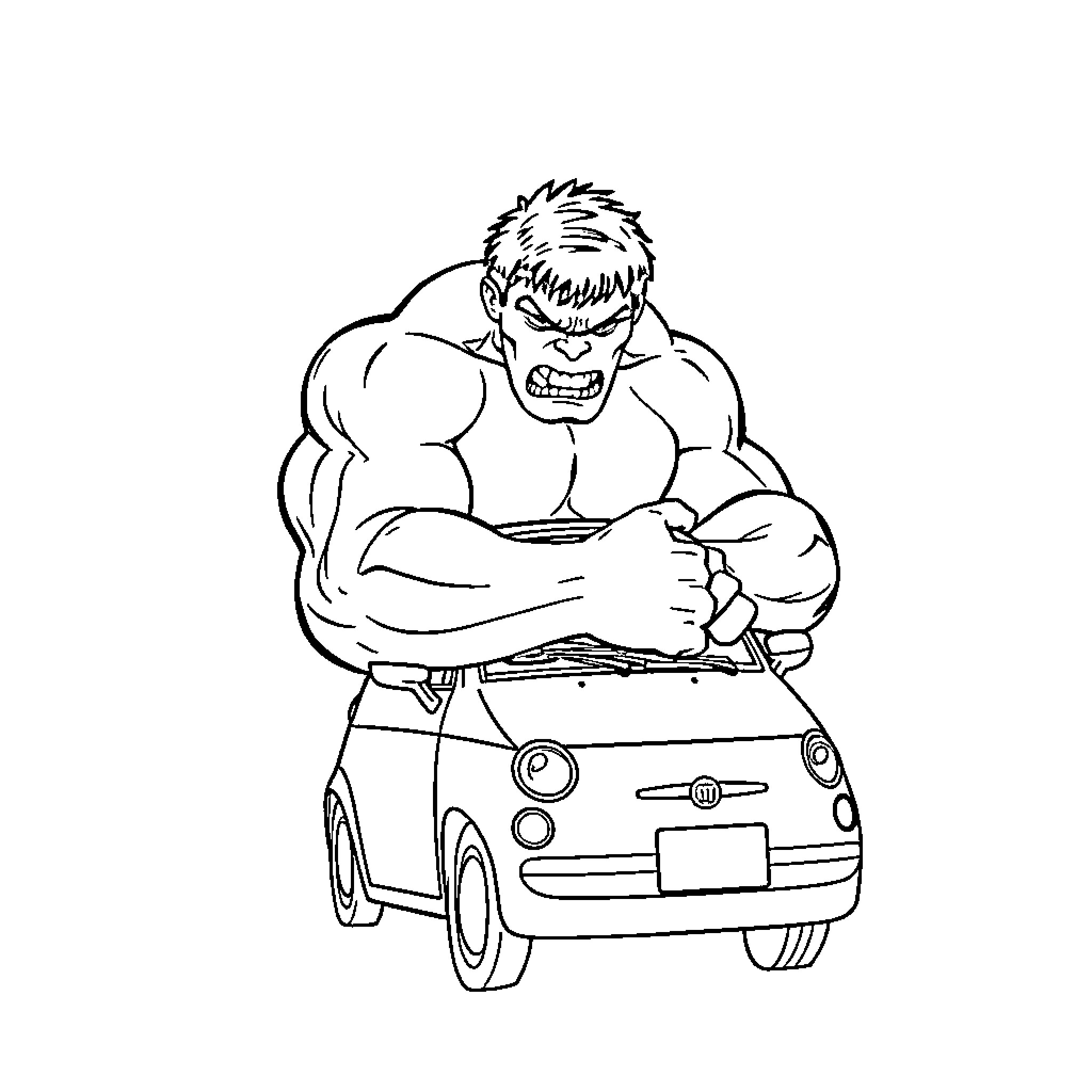 Hulk smashes tiny car in fury Coloring Page (free black-and-white line drawing printable PDF for all, from beginners to advanced learners, including children, teens, adults, and seniors)