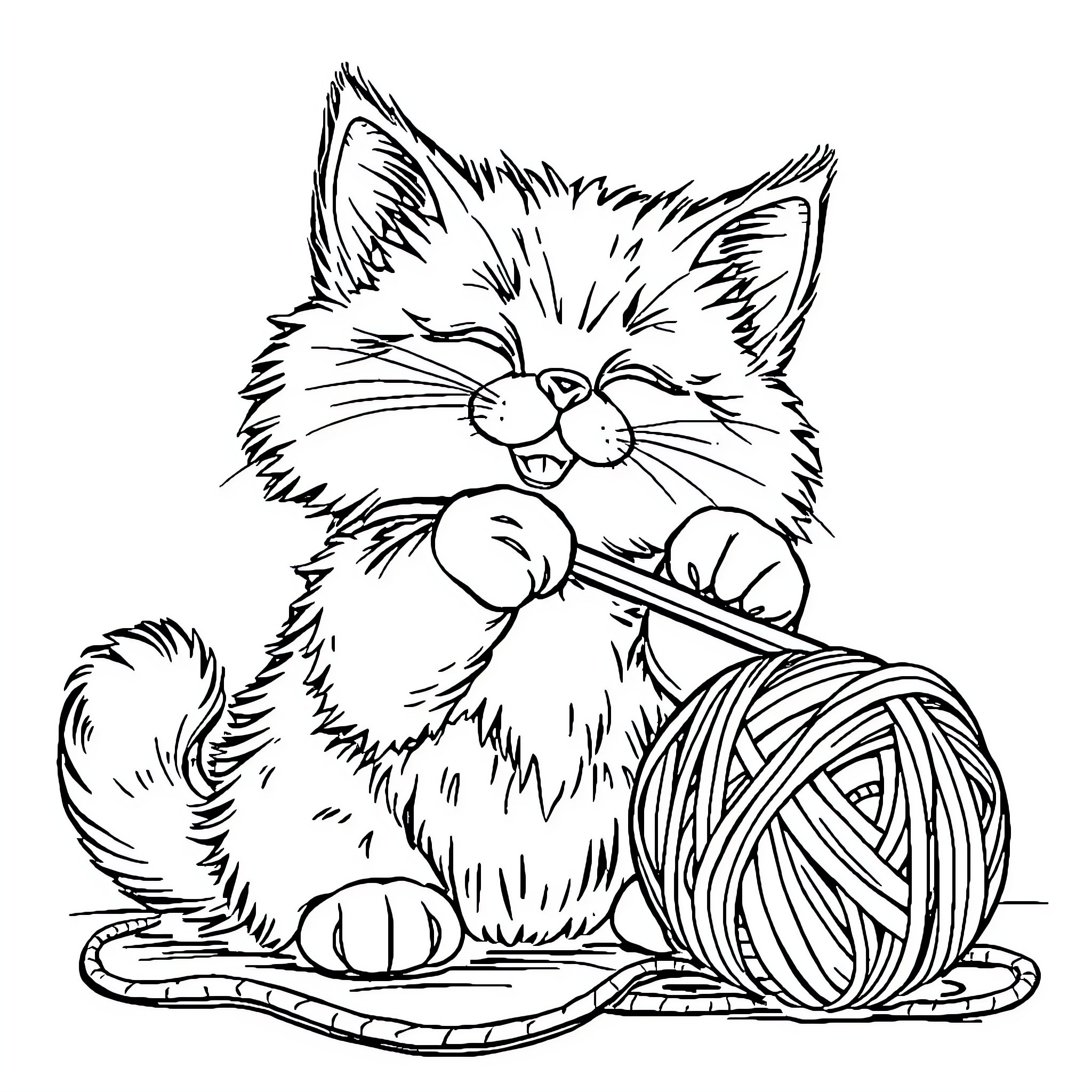 Cat playing with ball of yarn Coloring Page (free black-and-white line drawing printable PDF for all, from beginners to advanced learners, including children, teens, adults, and seniors)