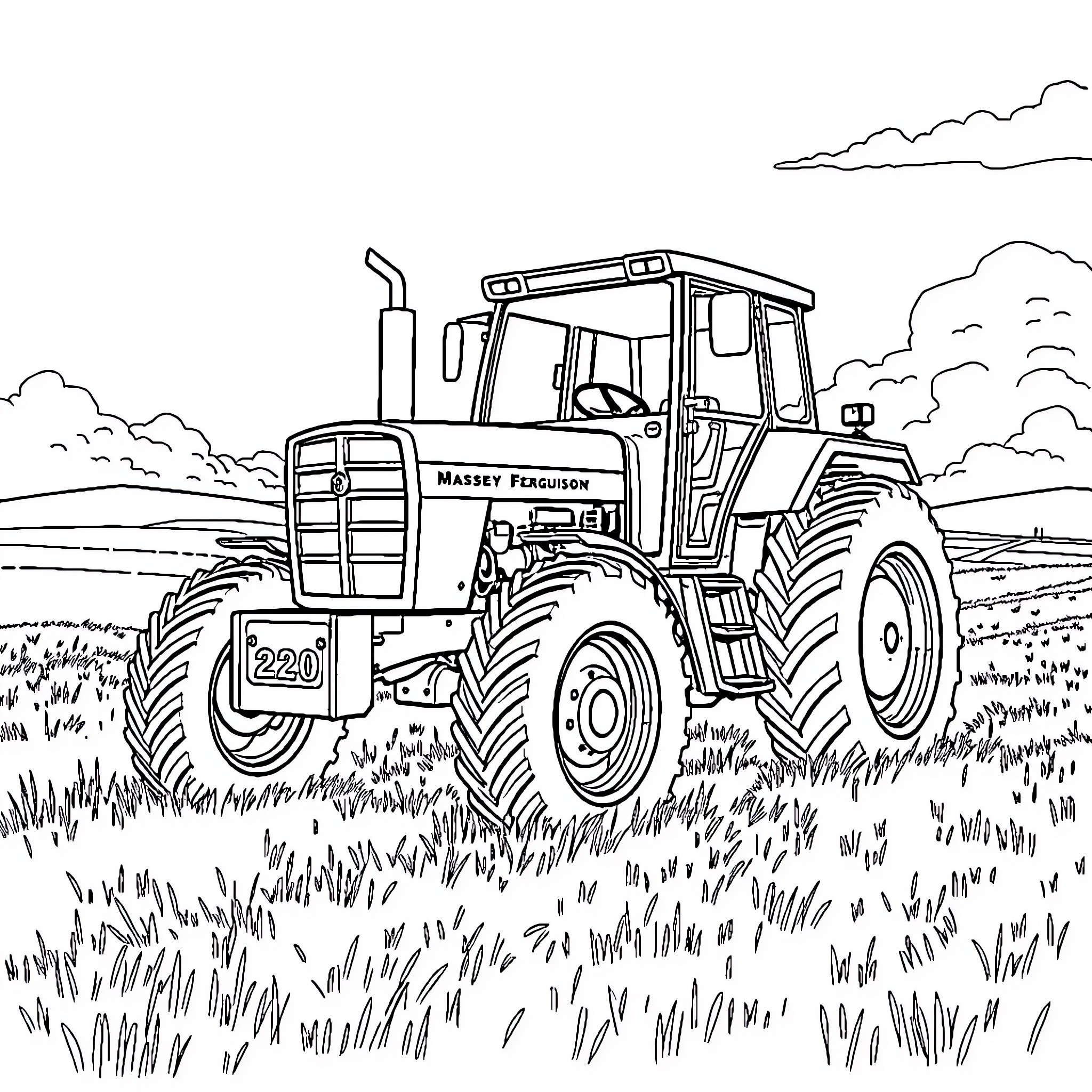 Tractor working diligently in the countryside Coloring Page (free black-and-white line drawing printable PDF for all, from beginners to advanced learners, including children, teens, adults, and seniors)