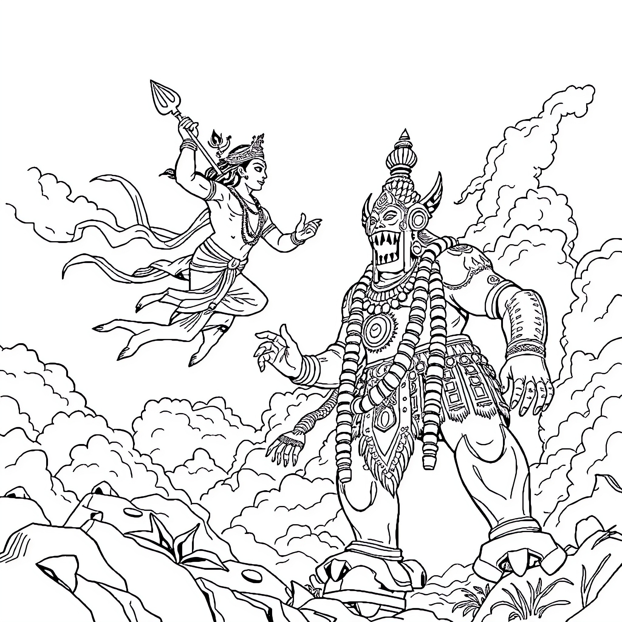 Hanuman soaring through the clouds with determination Coloring Page (free black-and-white line drawing printable PDF for all, from beginners to advanced learners, including children, teens, adults, and seniors)