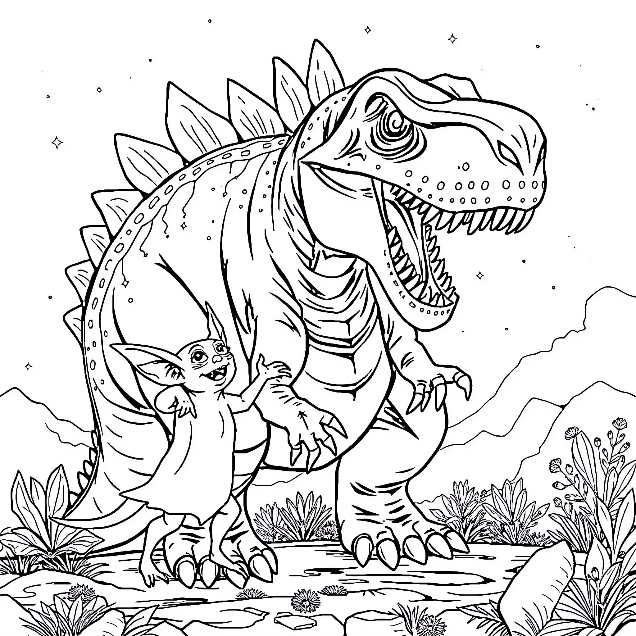 Dinosaur Roar and Playful Encounter Coloring Page (free black-and-white line drawing printable PDF for all, from beginners to advanced learners, including children, teens, adults, and seniors)