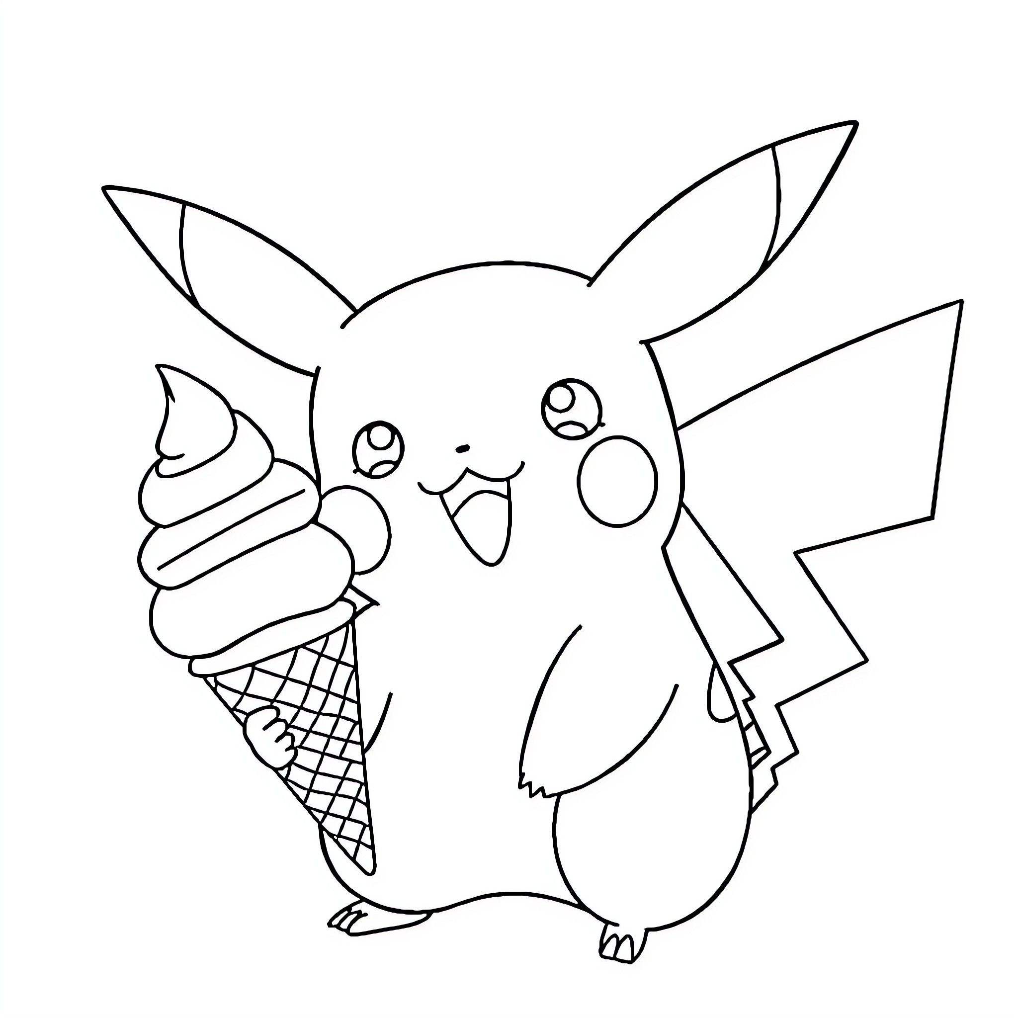 Pikachu enjoying an ice cream cone Coloring Page (free black-and-white line drawing printable PDF for all, from beginners to advanced learners, including children, teens, adults, and seniors)