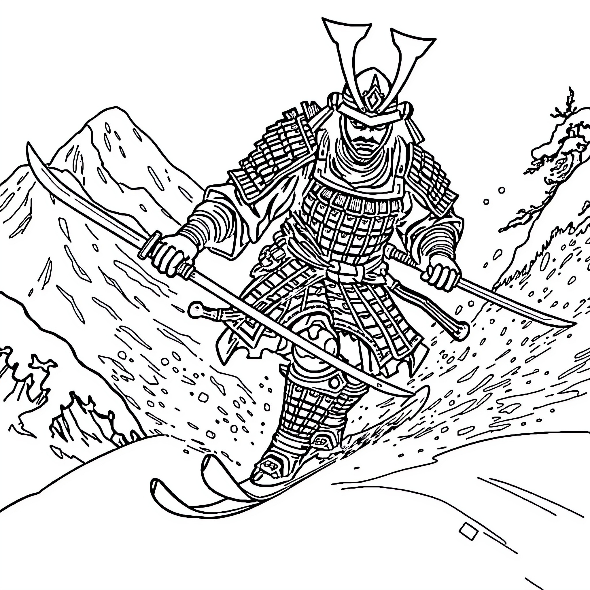 Samurai Warrior Skiing Down Snowy Mountain Coloring Page (free black-and-white line drawing printable PDF for all, from beginners to advanced learners, including children, teens, adults, and seniors)