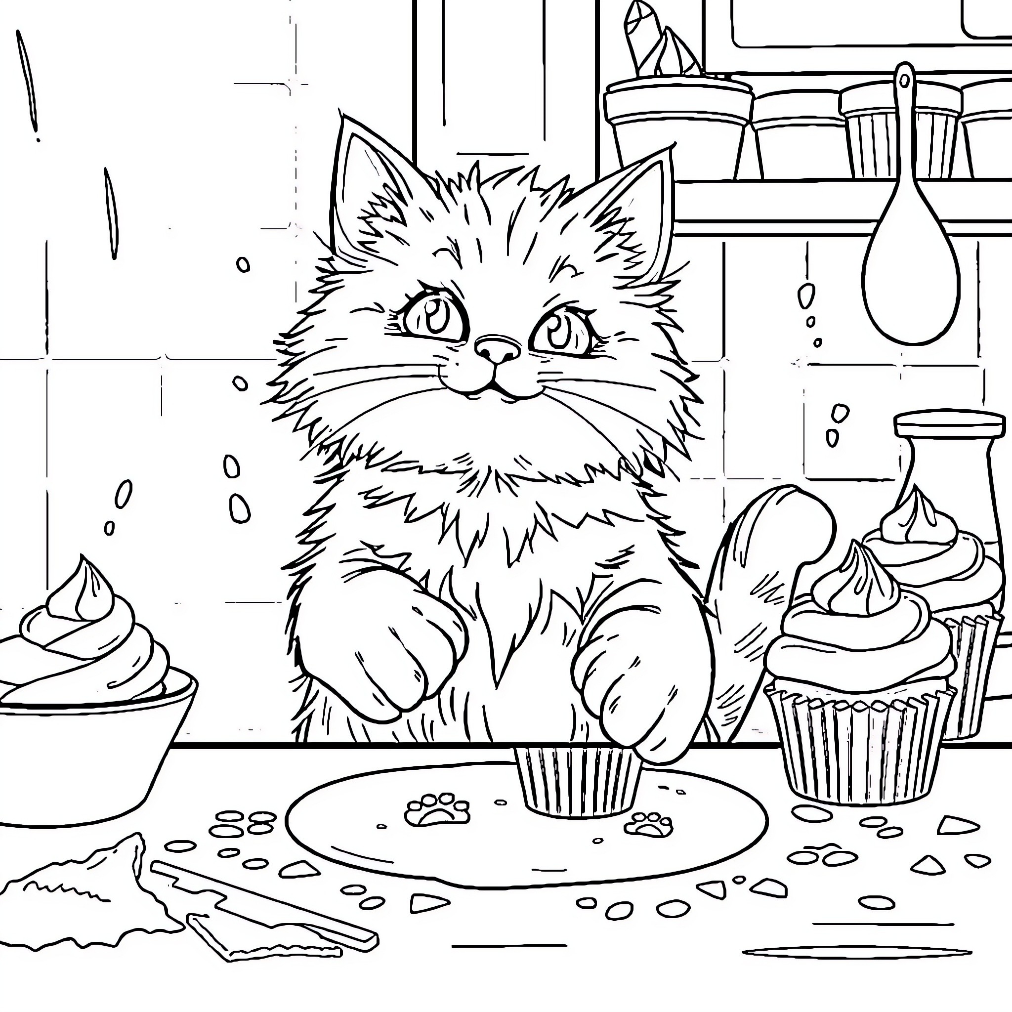 Cat enjoying treats and sweets in the kitchen Coloring Page (free black-and-white line drawing printable PDF for all, from beginners to advanced learners, including children, teens, adults, and seniors)