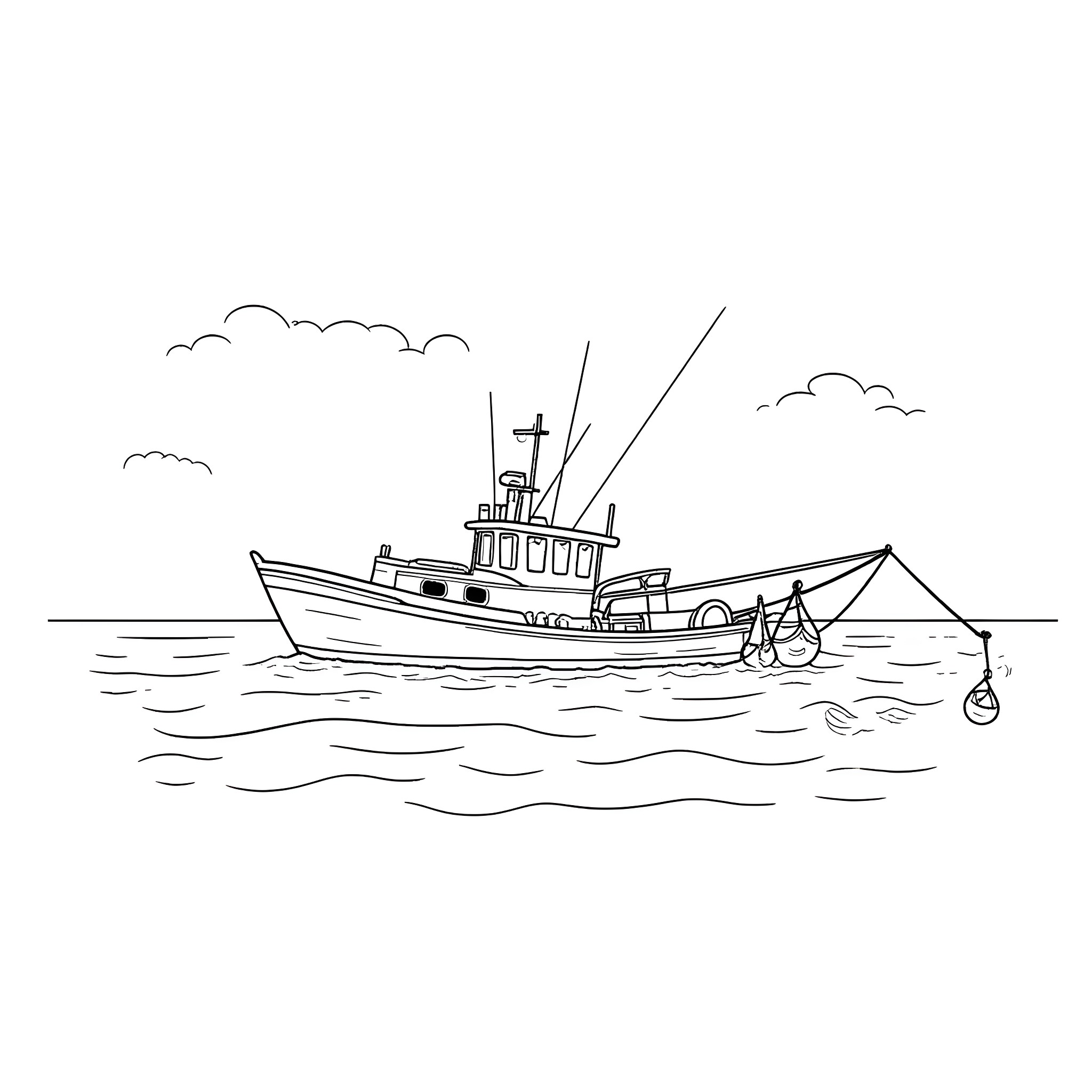 Deadrise fishing boat on the open sea Coloring Page (free black-and-white line drawing printable PDF for all, from beginners to advanced learners, including children, teens, adults, and seniors)