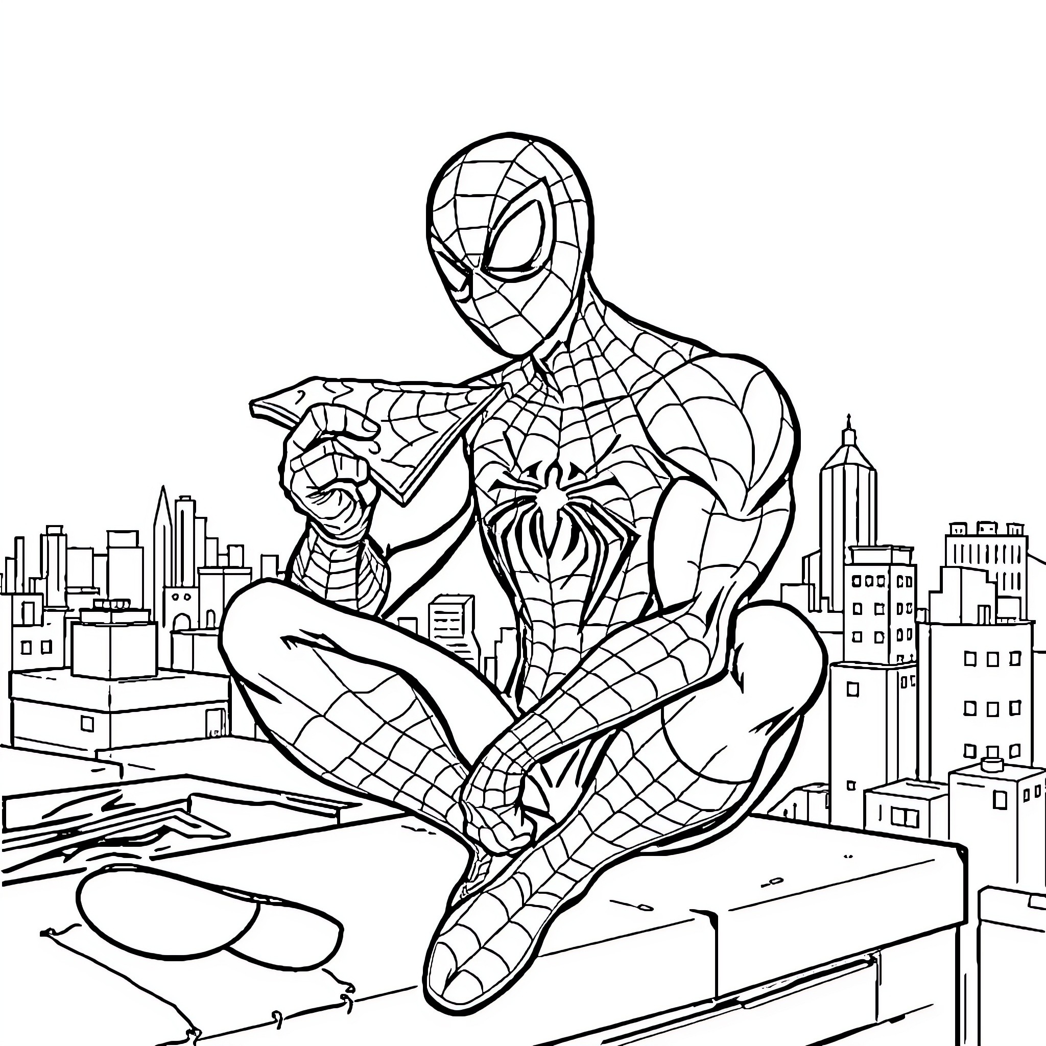 Spiderman Swinging over Cityscape Coloring Page (free black-and-white line drawing printable PDF for all, from beginners to advanced learners, including children, teens, adults, and seniors)