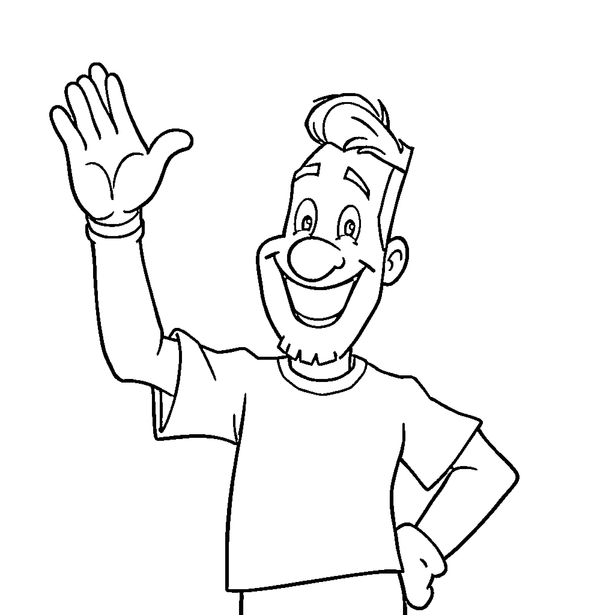 Mr T Waving Happily in a Cartoon Style Coloring Page (free black-and-white line drawing printable PDF for all, from beginners to advanced learners, including children, teens, adults, and seniors)