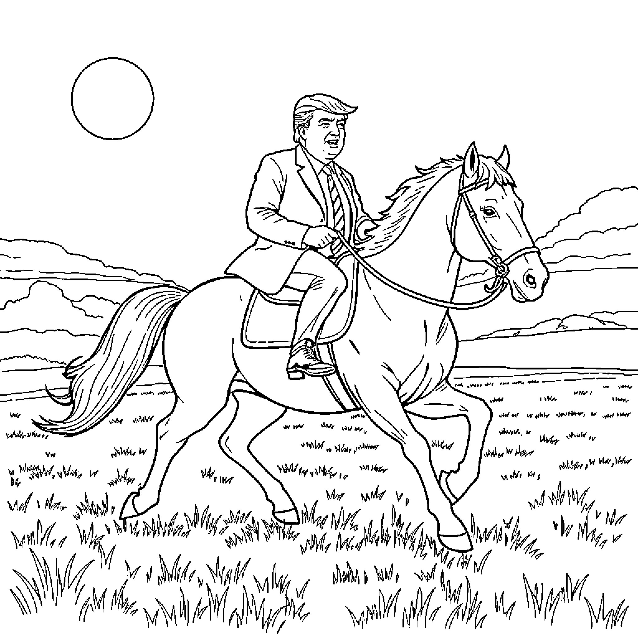 Donald Trump riding a majestic white horse in nature Coloring Page (free black-and-white line drawing printable PDF for all, from beginners to advanced learners, including children, teens, adults, and seniors)