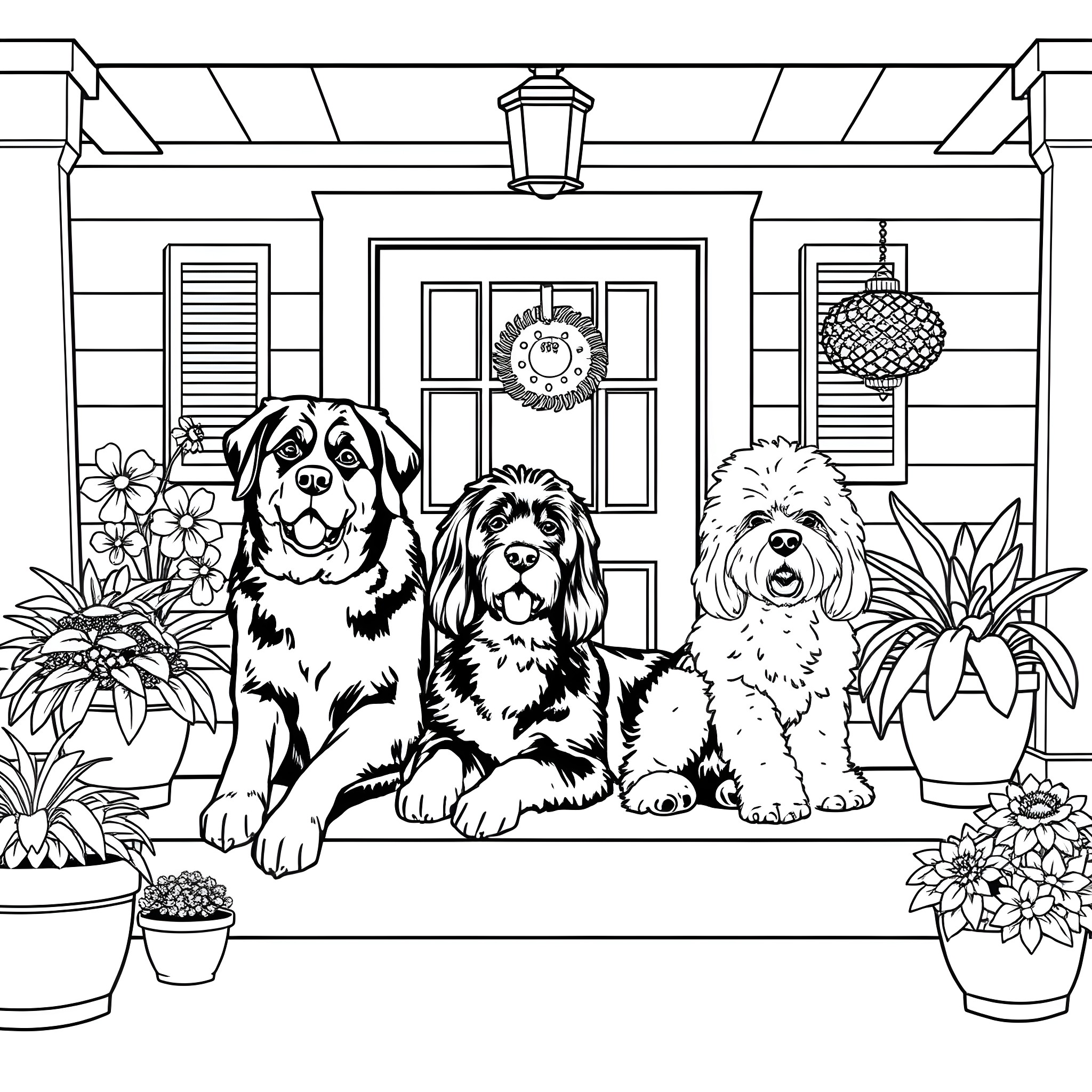 Dogs relaxing on porch with flowers Coloring Page (free black-and-white line drawing printable PDF for all, from beginners to advanced learners, including children, teens, adults, and seniors)