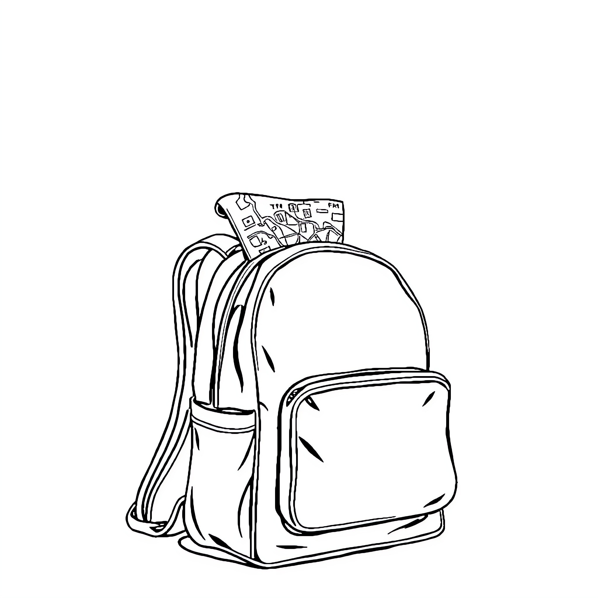 Bag with school supplies and accessories Coloring Page (free black-and-white line drawing printable PDF for all, from beginners to advanced learners, including children, teens, adults, and seniors)