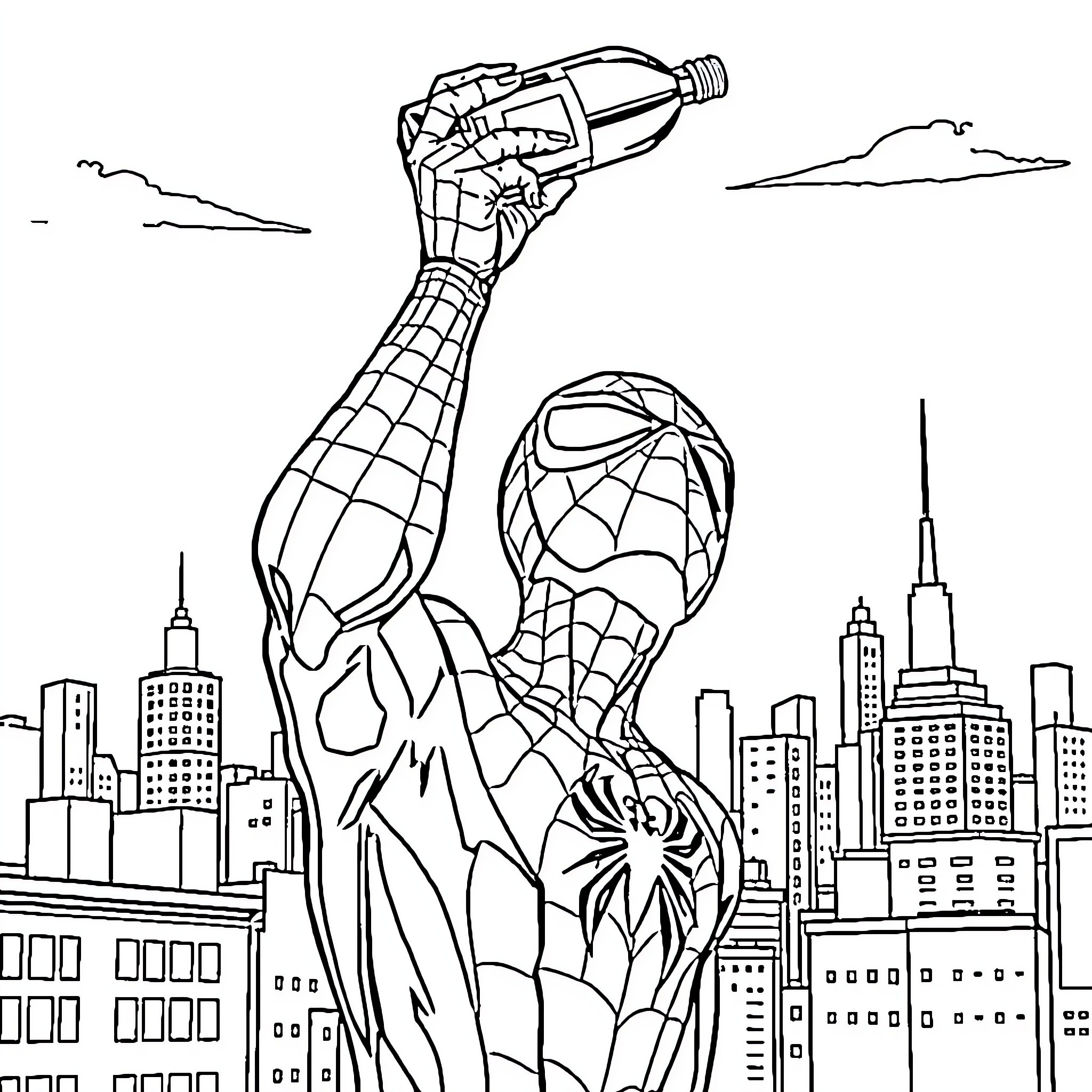 Spider-Man swinging through the city skyline Coloring Page (free black-and-white line drawing printable PDF for all, from beginners to advanced learners, including children, teens, adults, and seniors)