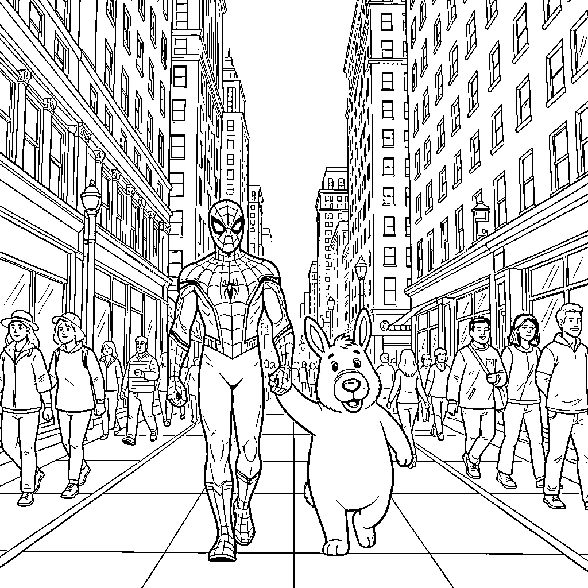 Spiderman walking down a city street holding hands Coloring Page (free black-and-white line drawing printable PDF for all, from beginners to advanced learners, including children, teens, adults, and seniors)