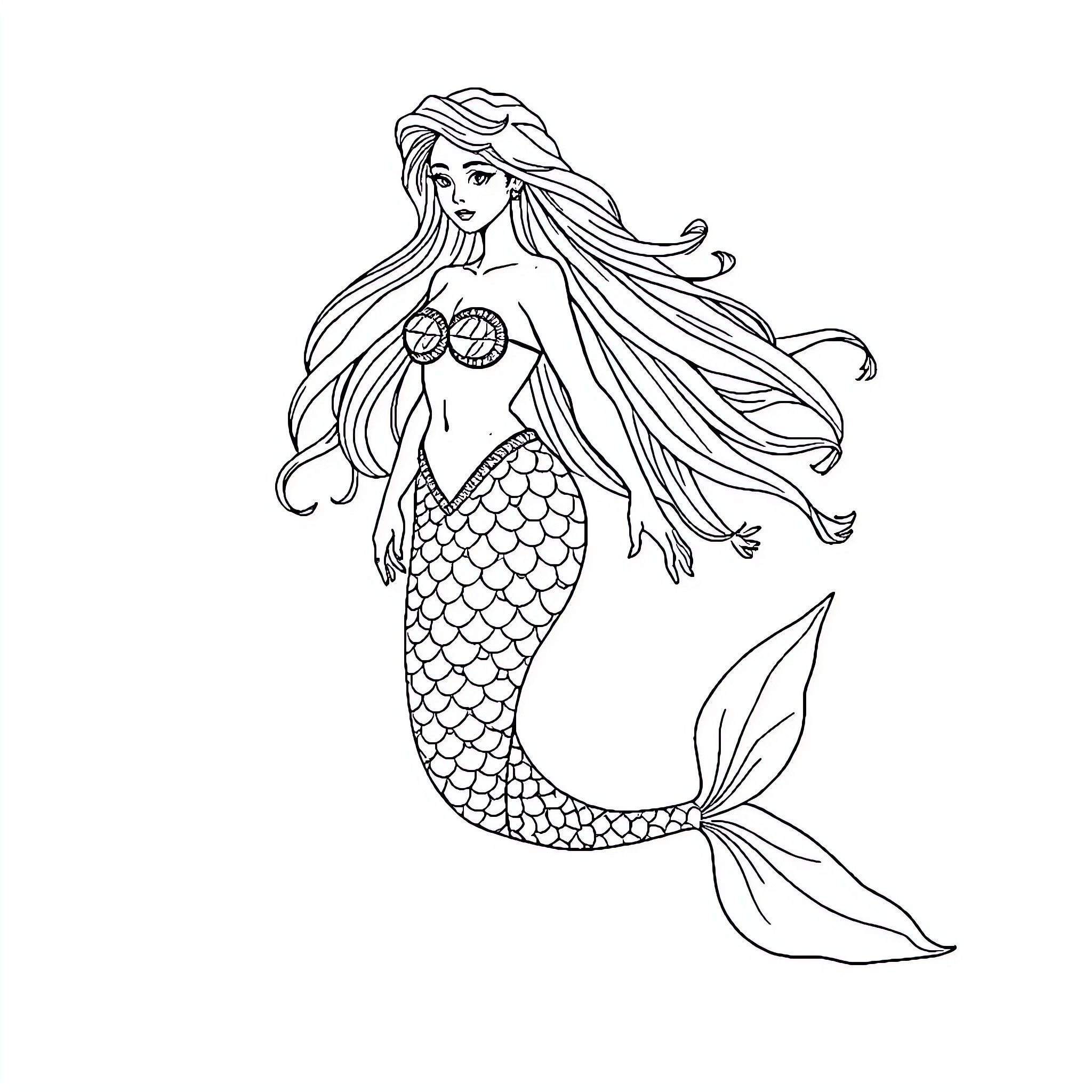 Mermaid with flowing hair swimming gracefully Coloring Page (free black-and-white line drawing printable PDF for all, from beginners to advanced learners, including children, teens, adults, and seniors)