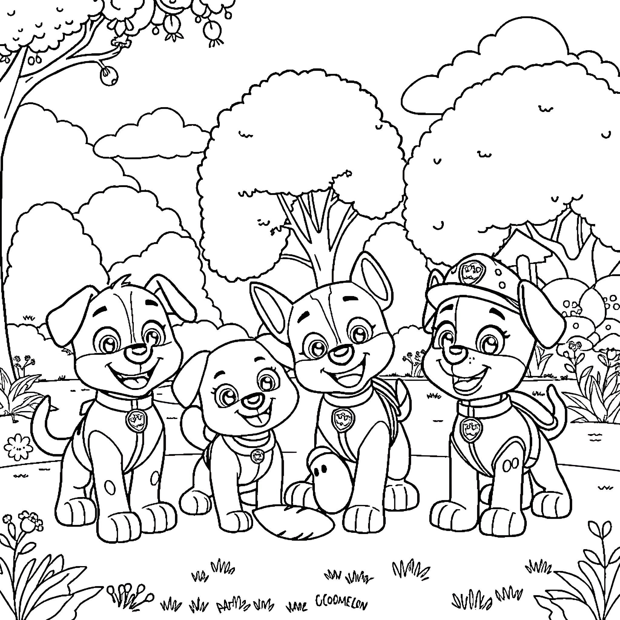 Paw Patrol characters exploring the outdoors Coloring Page (free black-and-white line drawing printable PDF for all, from beginners to advanced learners, including children, teens, adults, and seniors)