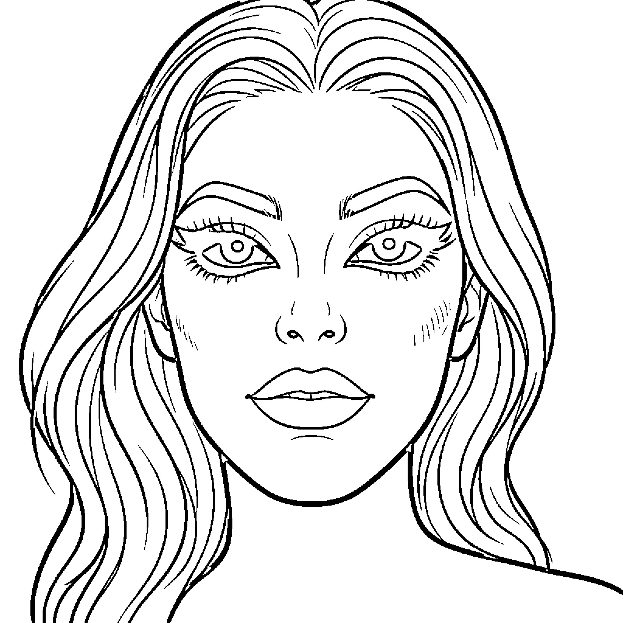 Makeup on a contemplative woman's face Coloring Page (free black-and-white line drawing printable PDF for all, from beginners to advanced learners, including children, teens, adults, and seniors)