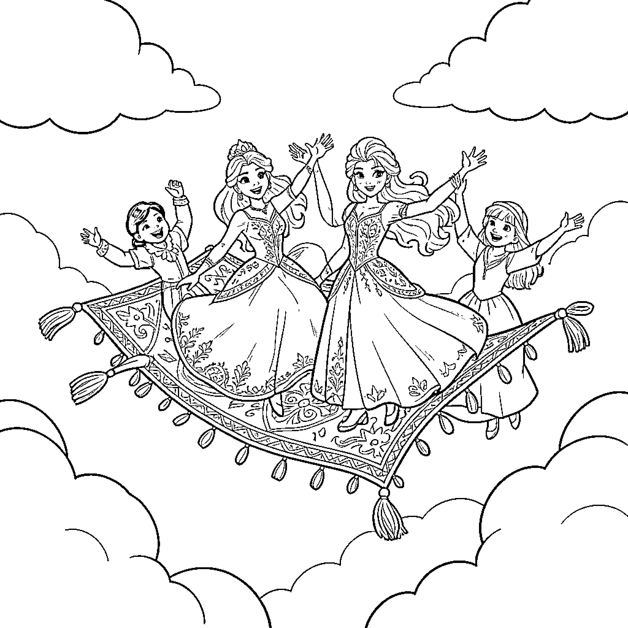 Jasmine and her friends on a magical carpet ride Coloring Page (free black-and-white line drawing printable PDF for all, from beginners to advanced learners, including children, teens, adults, and seniors)