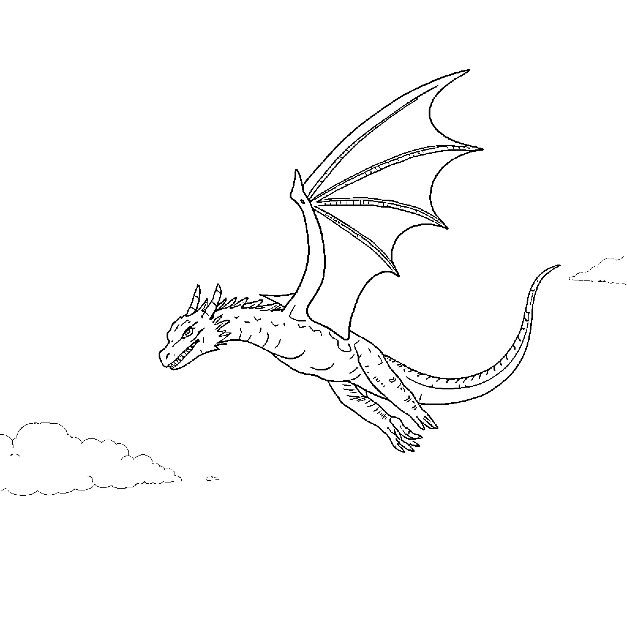 Dragon soaring with outstretched wings Coloring Page (free black-and-white line drawing printable PDF for all, from beginners to advanced learners, including children, teens, adults, and seniors)