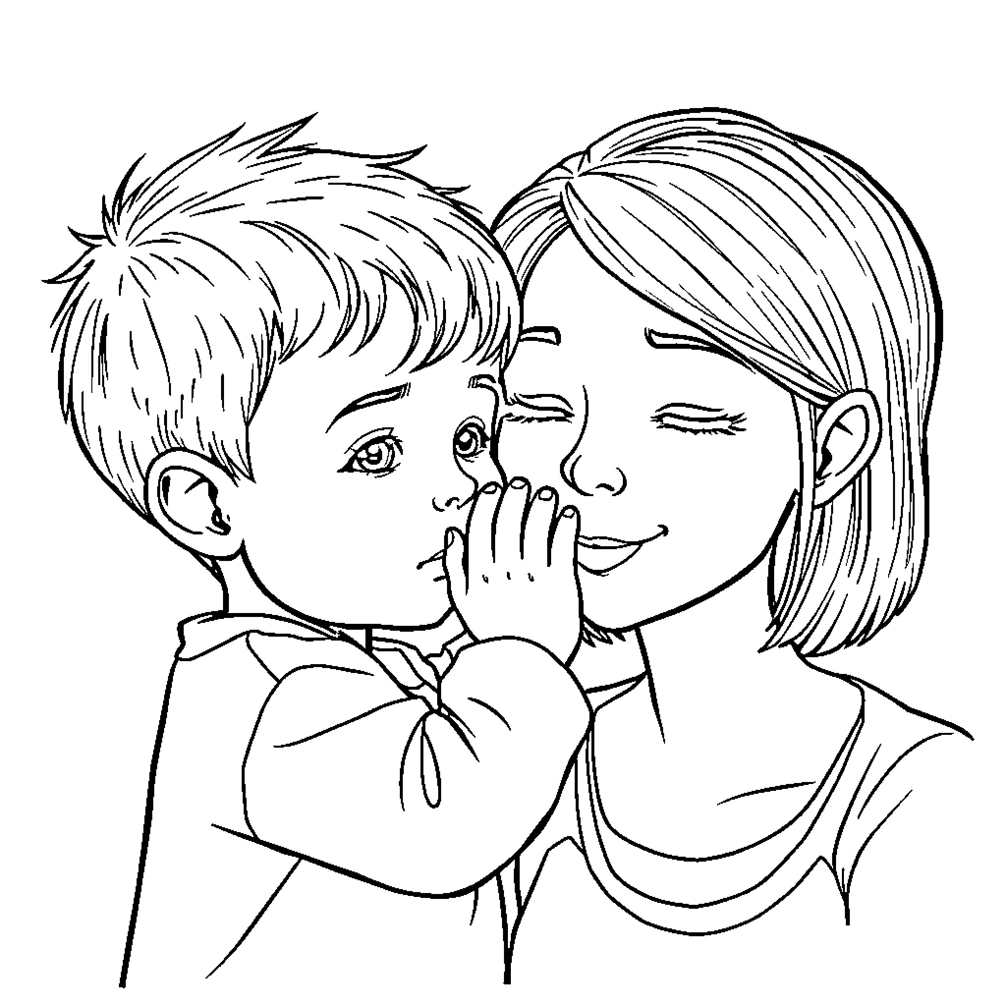 Niño and Girl Sharing a Moment Coloring Page (free black-and-white line drawing printable PDF for all, from beginners to advanced learners, including children, teens, adults, and seniors)